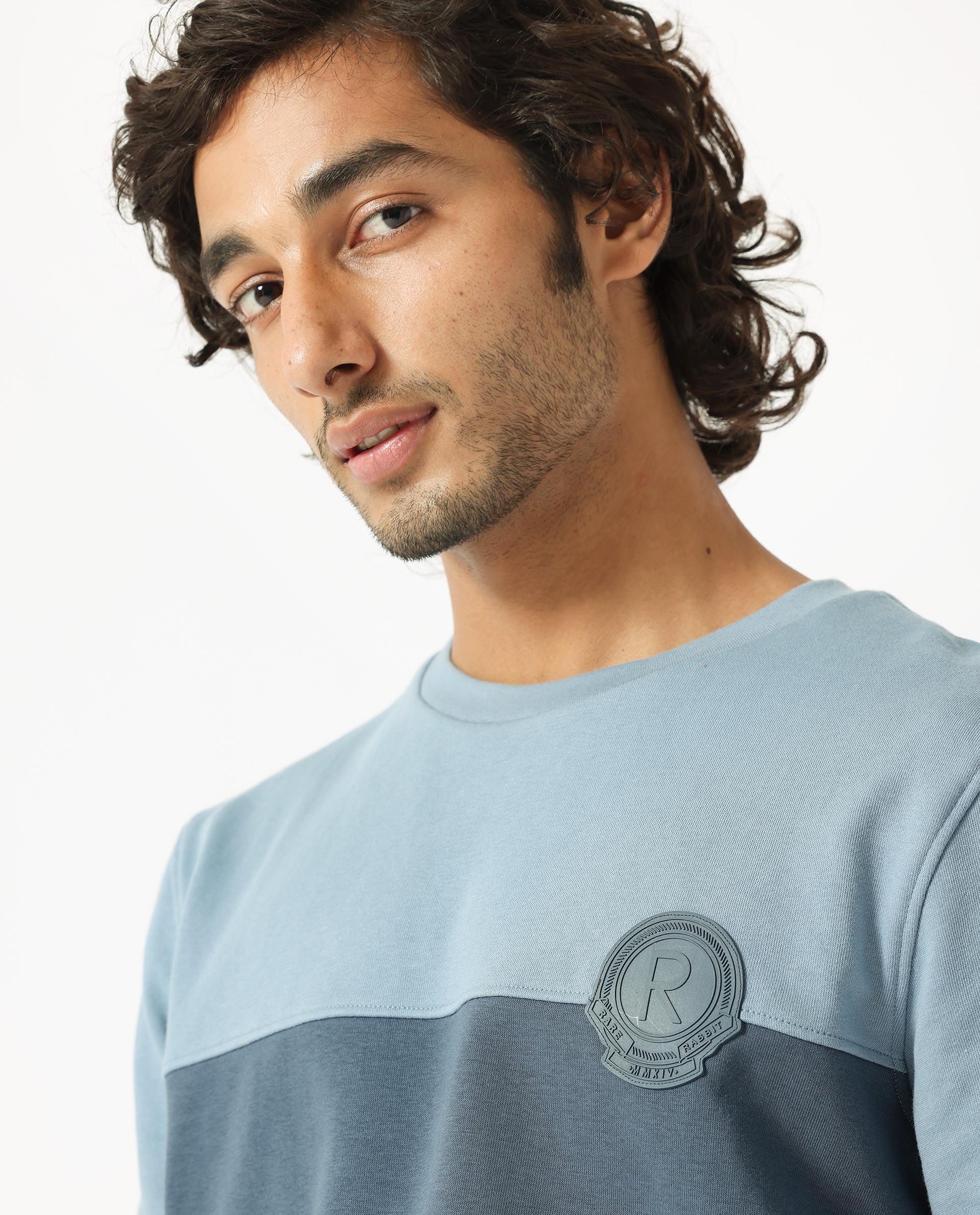 Rare Rabbit Men's Privett Blue Cotton Polyester Fabric Full Sleeves Cut And Sew Colorblocked Sweatshirt