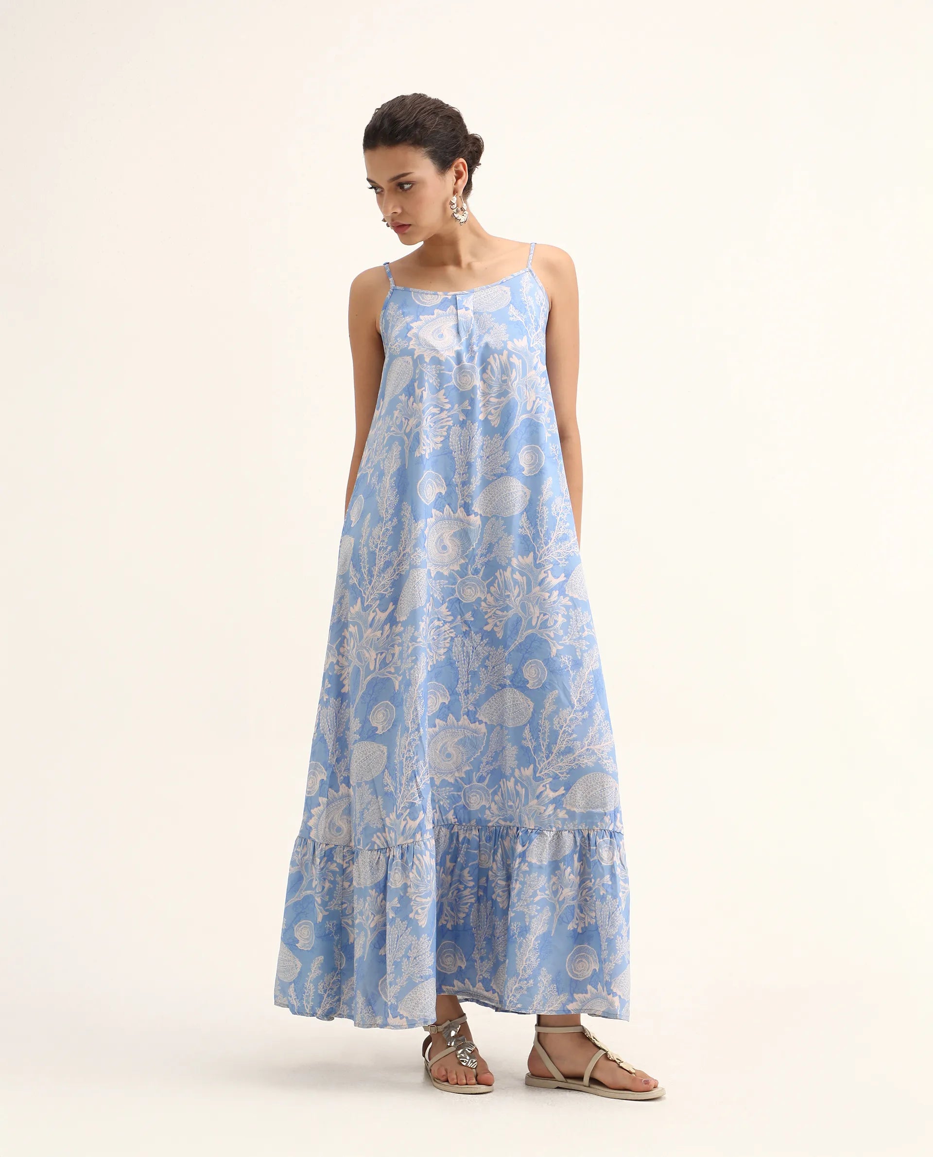 Rareism Women's Prevus Blue Viscose Shoulder Strap Abstract Print Sleeveless Maxi Flared Dress