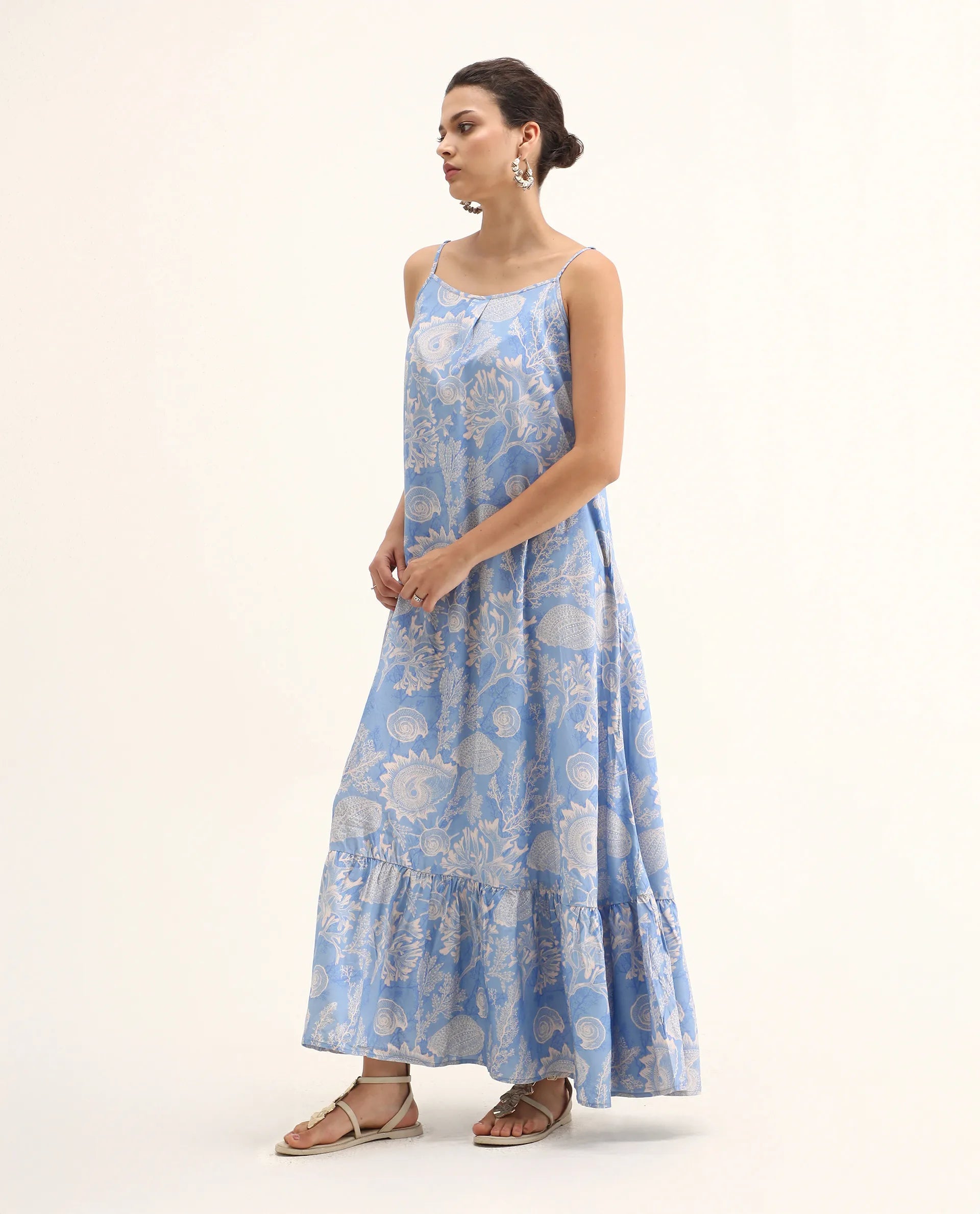 Rareism Women's Prevus Blue Viscose Shoulder Strap Abstract Print Sleeveless Maxi Flared Dress