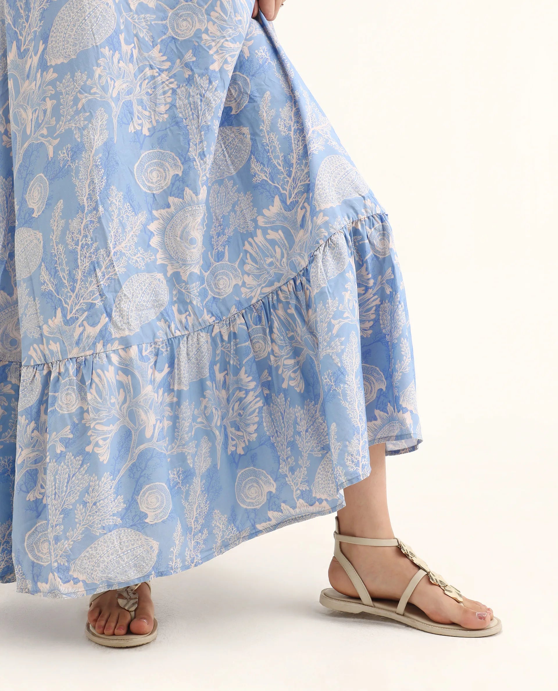 Rareism Women's Prevus Blue Viscose Shoulder Strap Abstract Print Sleeveless Maxi Flared Dress