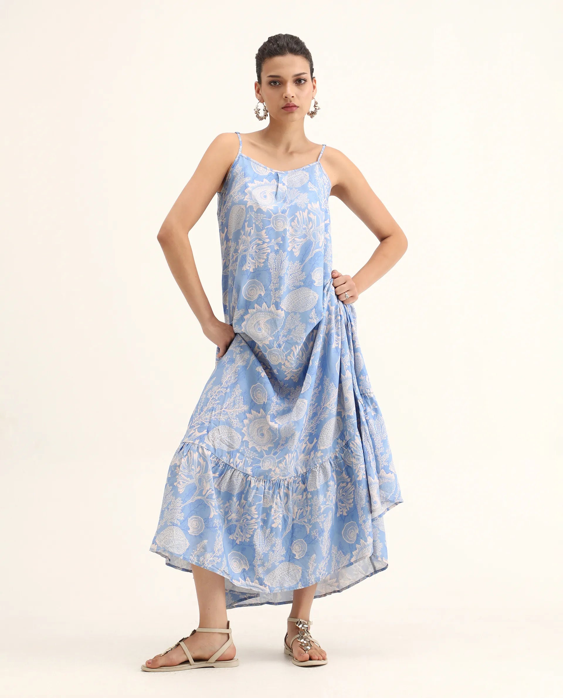 Rareism Women's Prevus Blue Viscose Shoulder Strap Abstract Print Sleeveless Maxi Flared Dress