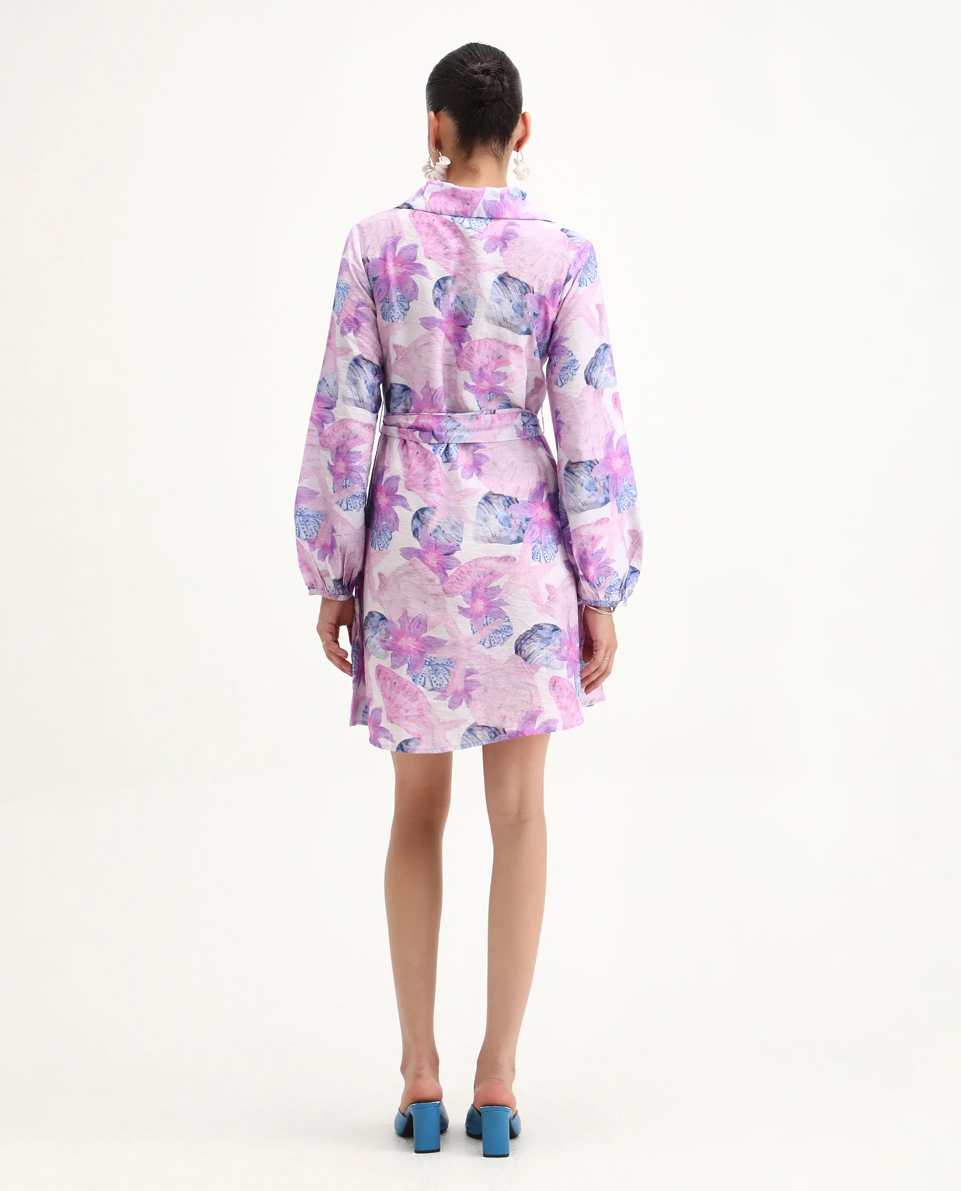 Rareism Women's Prewern Multi Viscose Blend Spread Collar Floral Print Bishop Sleeve Mini A-Line Dress