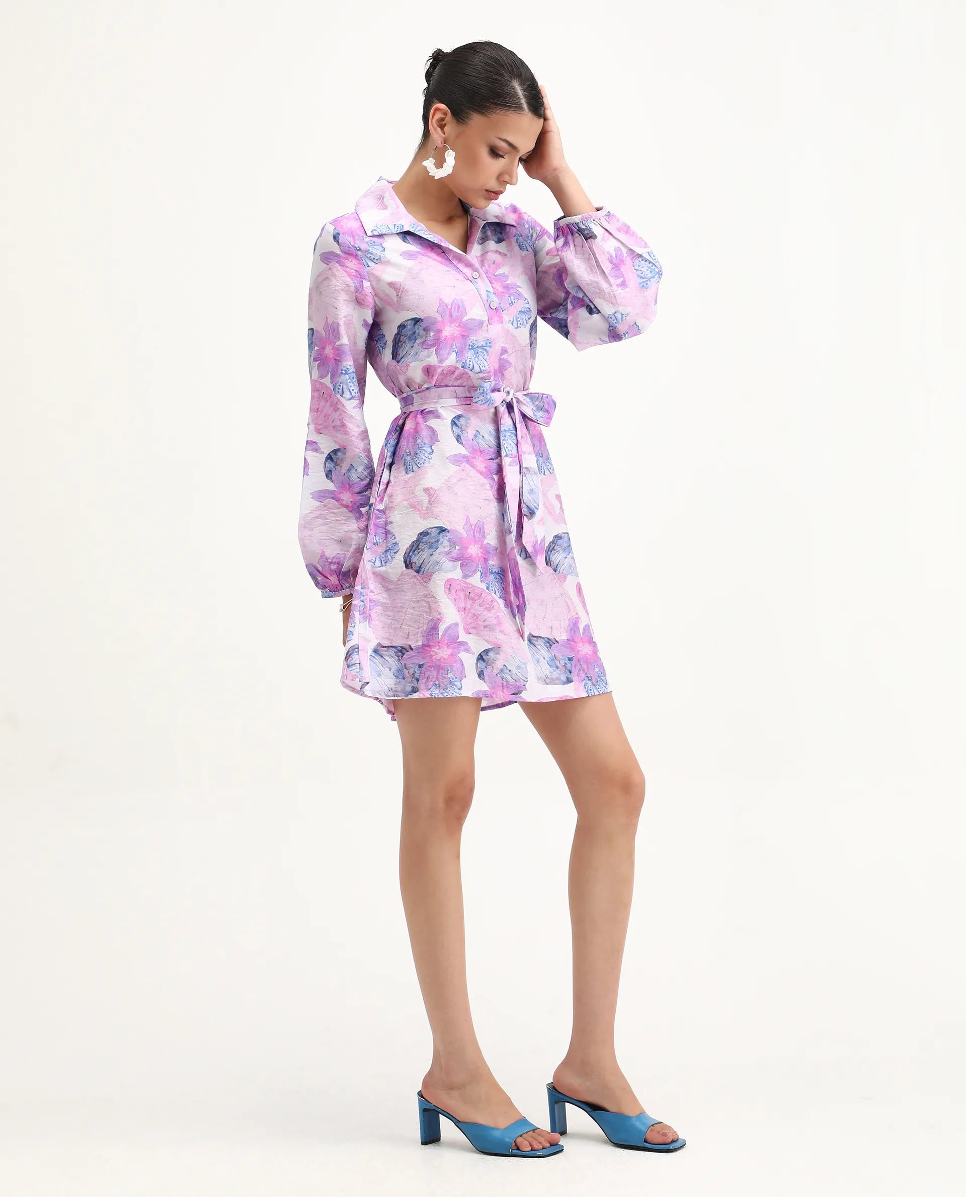 Rareism Women's Prewern Multi Viscose Blend Spread Collar Floral Print Bishop Sleeve Mini A-Line Dress