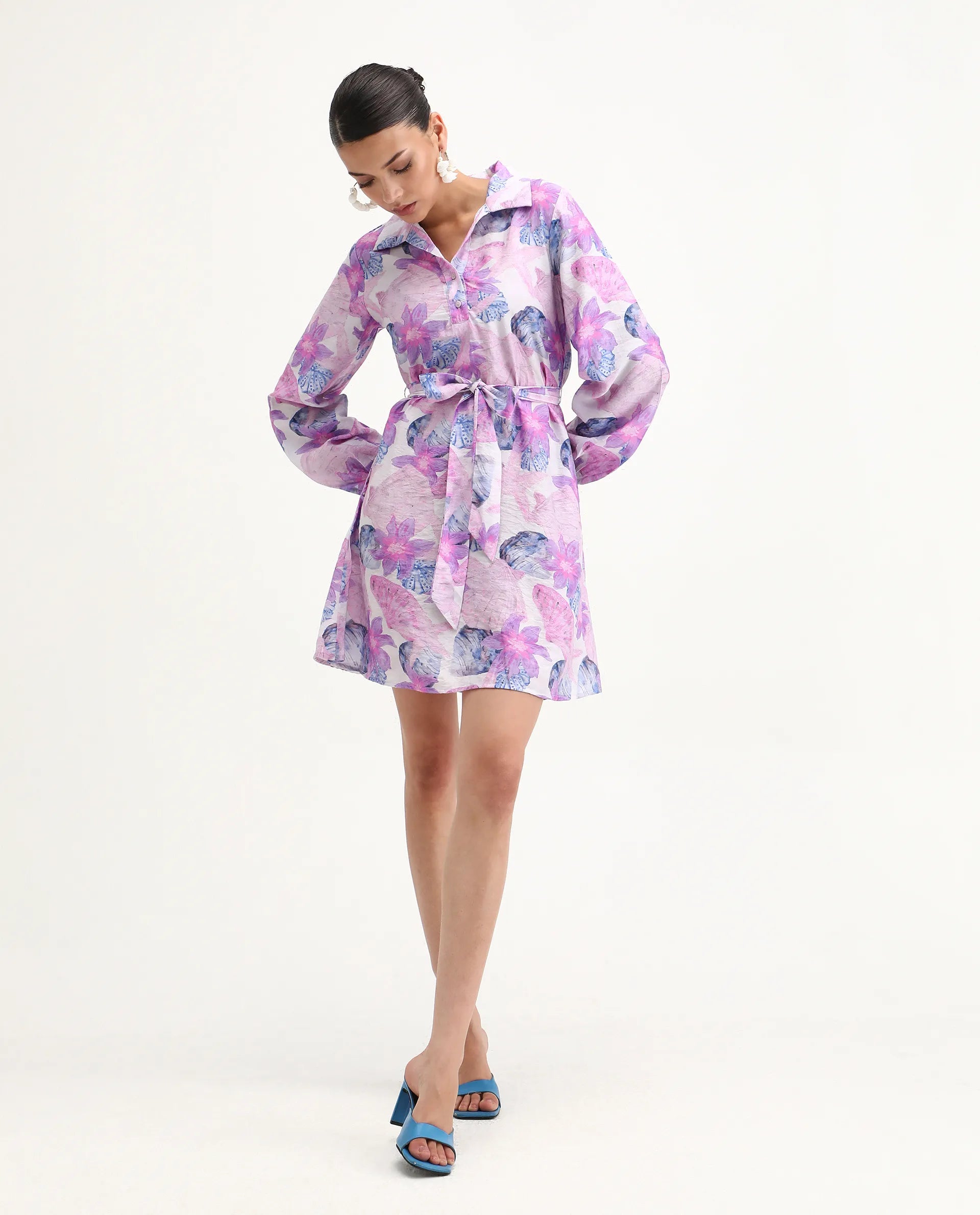 Rareism Women's Prewern Multi Viscose Blend Spread Collar Floral Print Bishop Sleeve Mini A-Line Dress