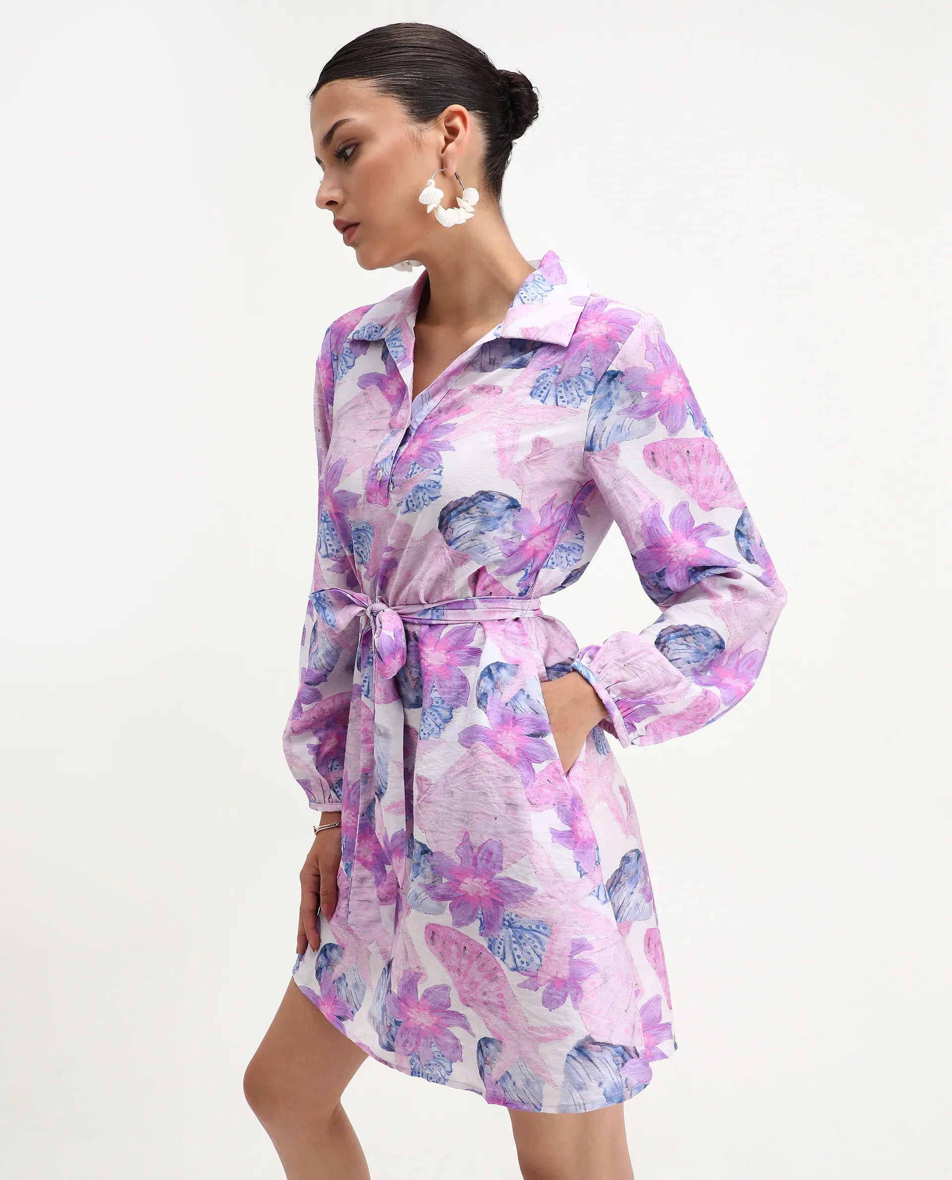Rareism Women's Prewern Multi Viscose Blend Spread Collar Floral Print Bishop Sleeve Mini A-Line Dress