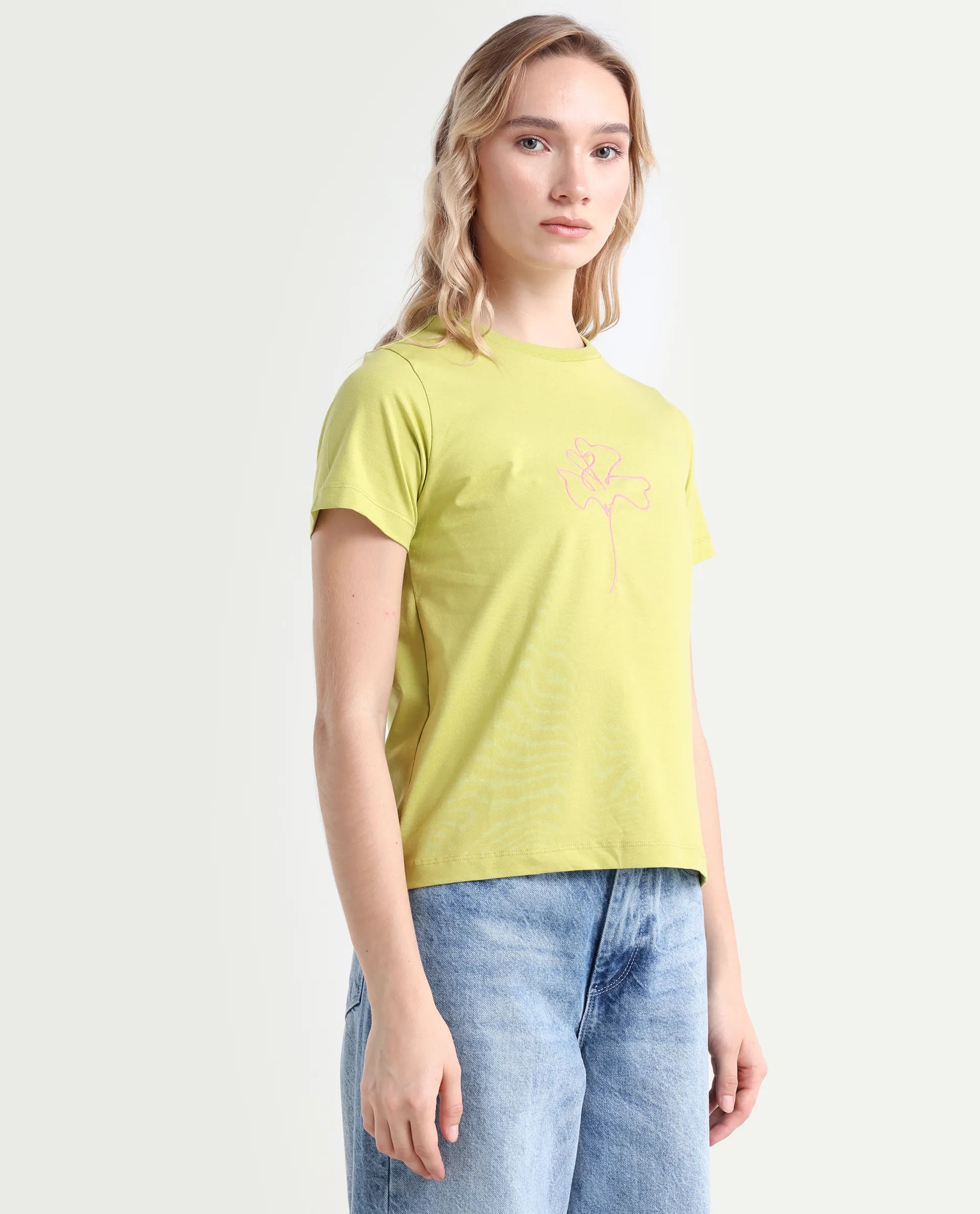 Rareism Women's Prex Light Green Cotton Blend Crew Neck Floral Print Regular Fit T-Shirt