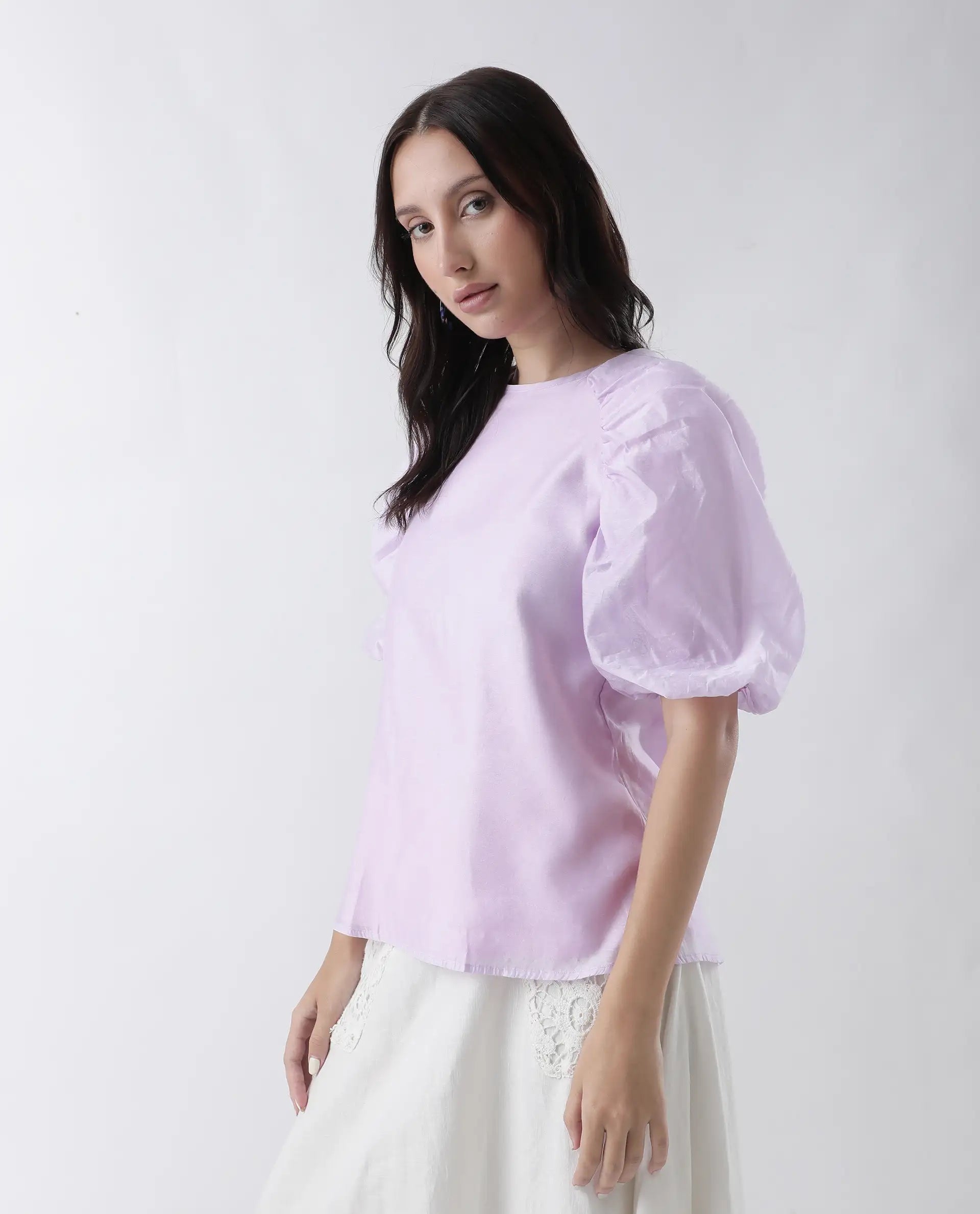 Rareism Women's Prexner Purple Viscose Blend Crew Neck Plain Balloon Sleeve Regular Fit Top