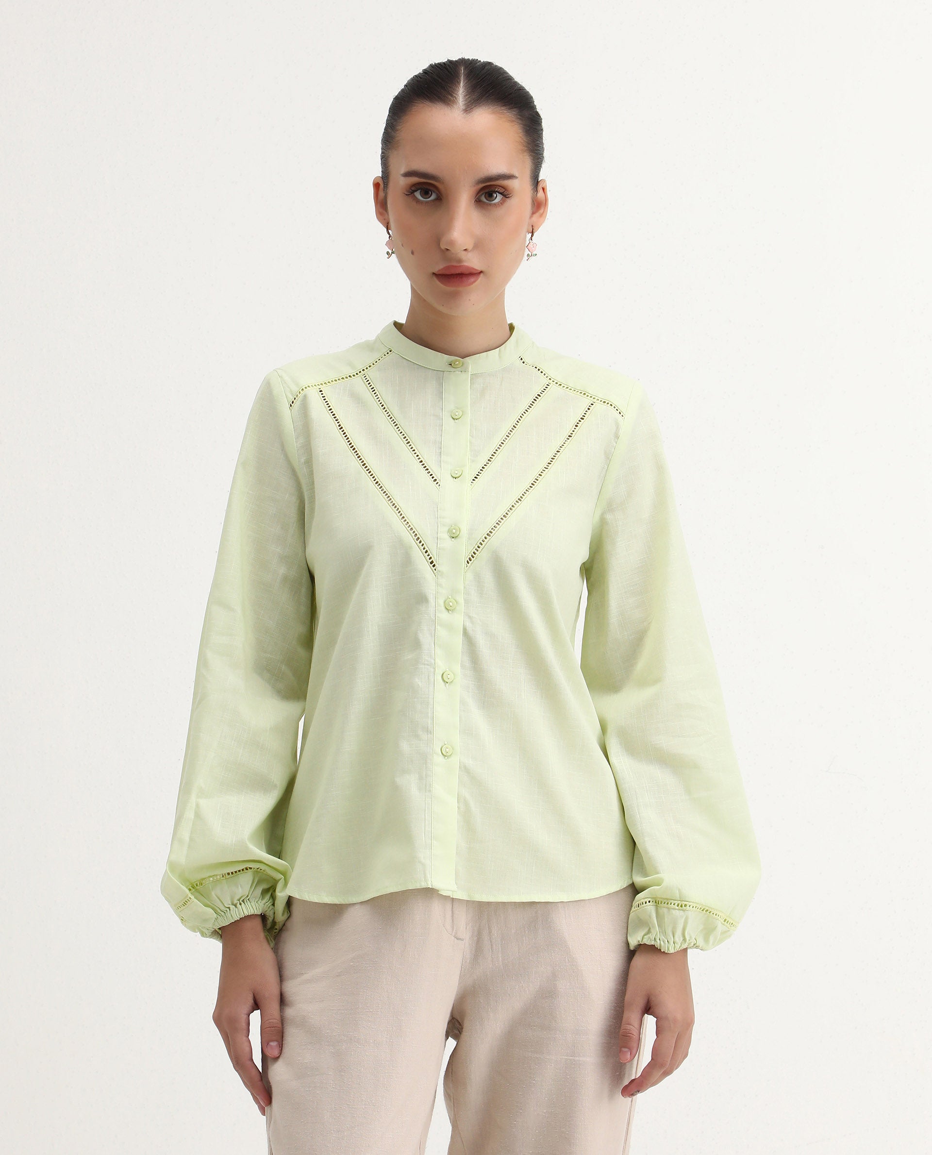 Rareism Women's Preyay Green Cotton Ruffled Neck Plain Bishop Sleeve Regular Fit Shirt