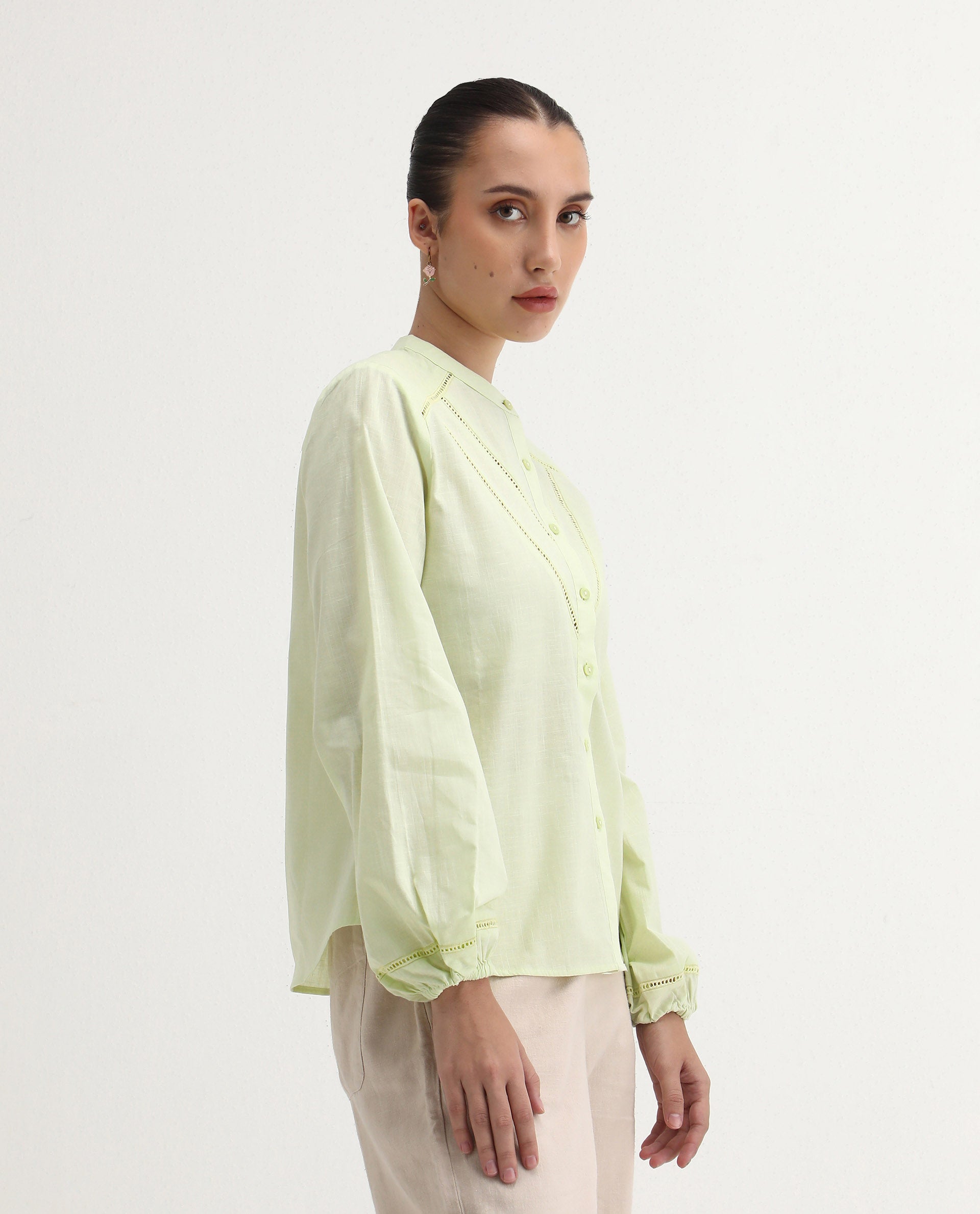Rareism Women's Preyay Green Cotton Ruffled Neck Plain Bishop Sleeve Regular Fit Shirt