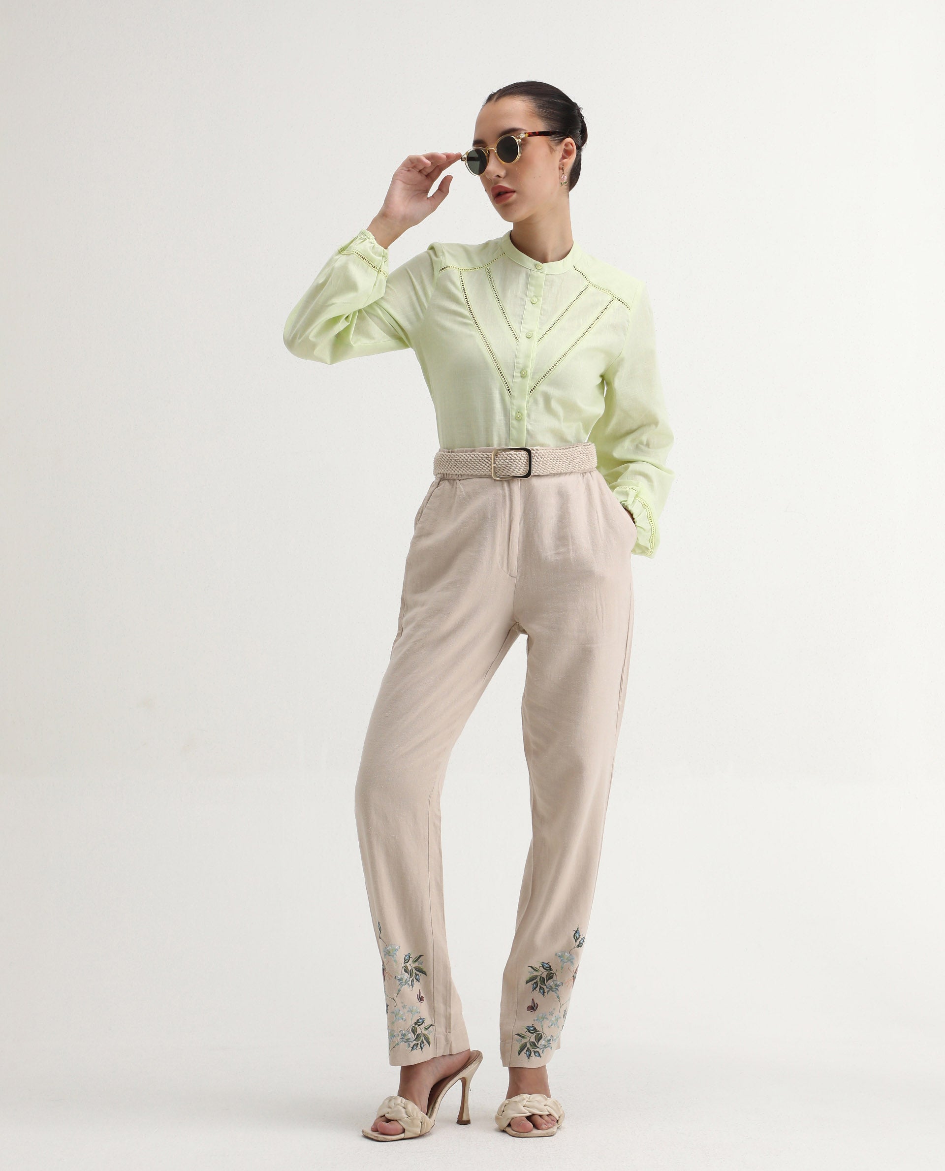 Rareism Women's Preyay Green Cotton Ruffled Neck Plain Bishop Sleeve Regular Fit Shirt