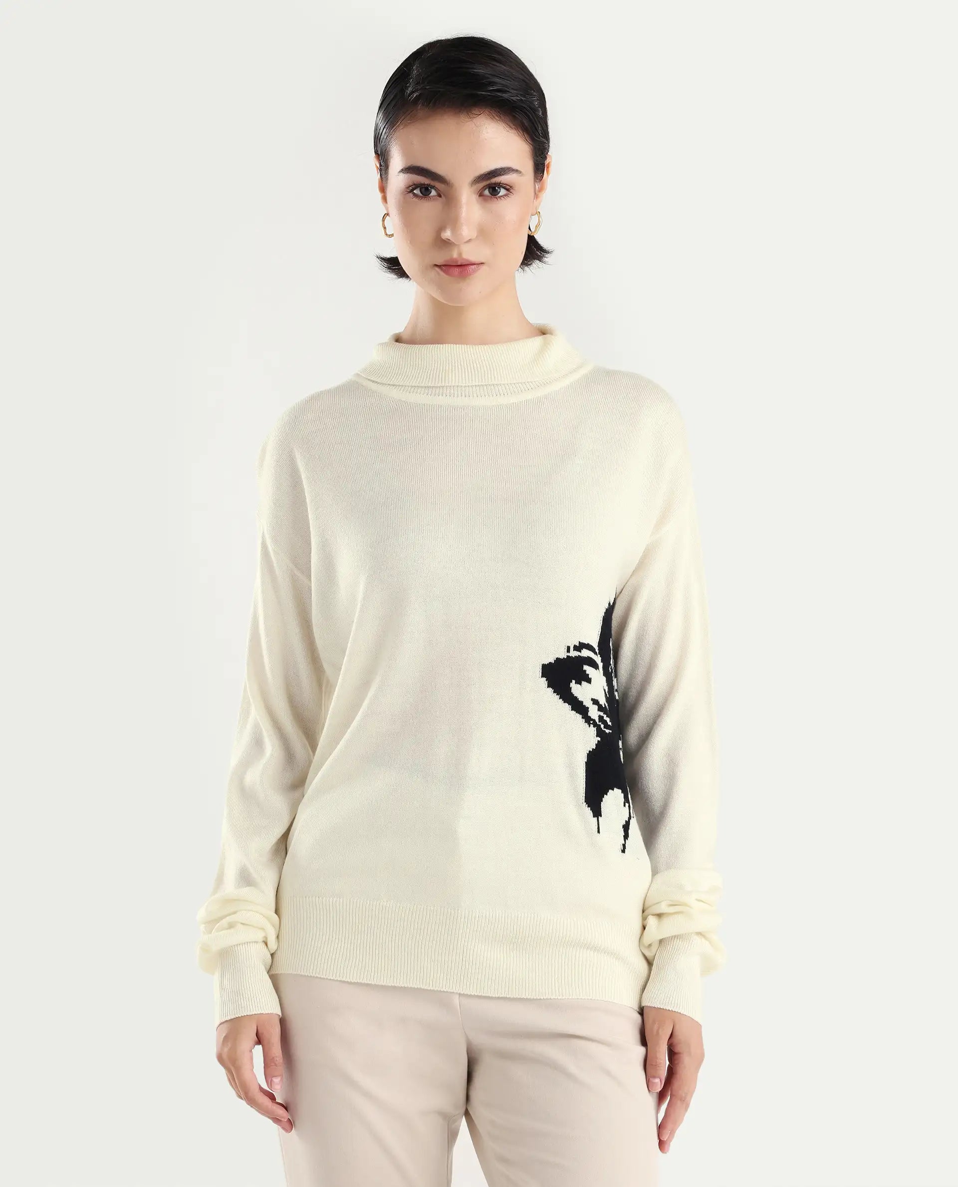 Rareism Women's Priana Off White Acrylic Turtle Neck Floral Print Relaxed Fit Sweater