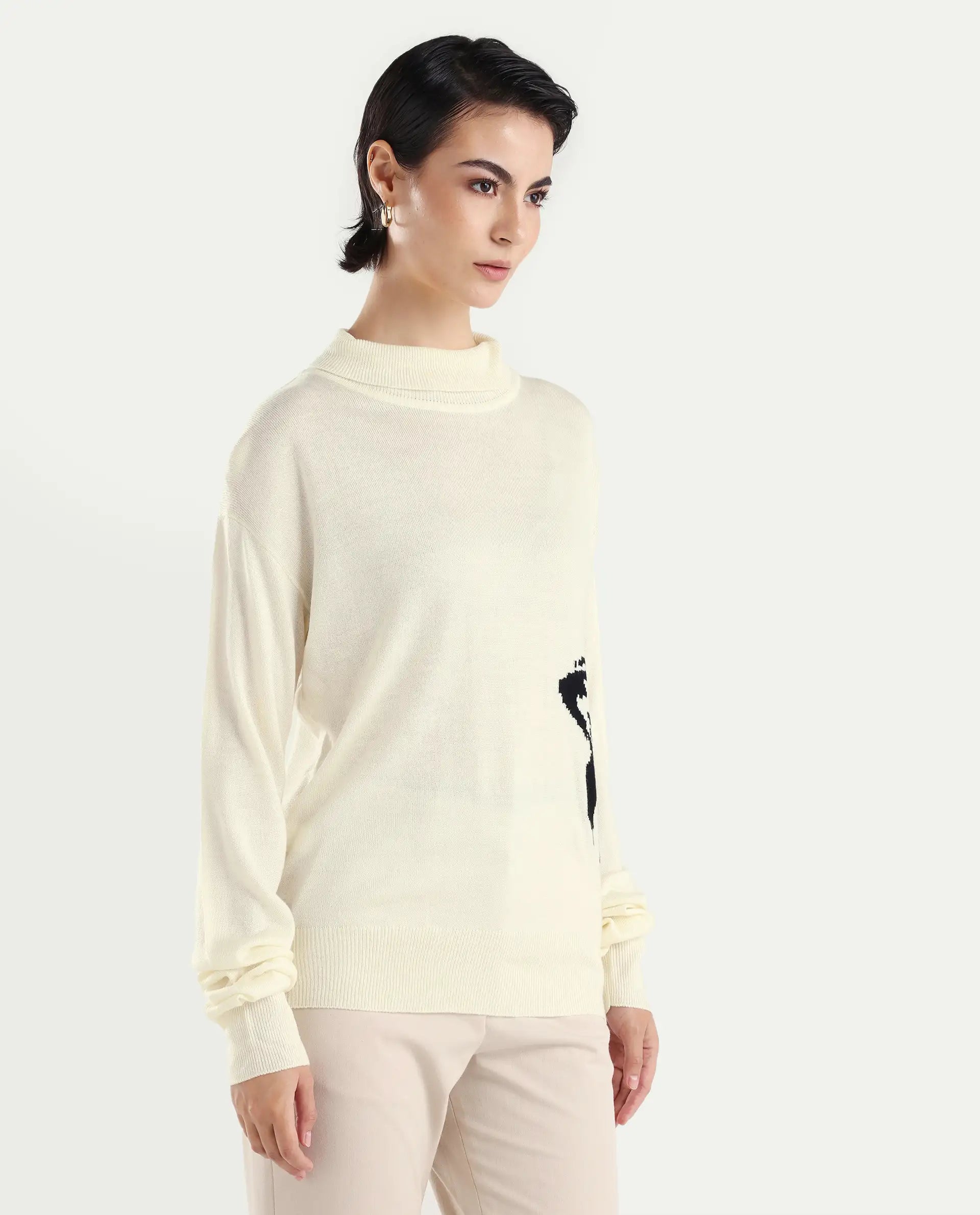 Rareism Women's Priana Off White Acrylic Turtle Neck Floral Print Relaxed Fit Sweater