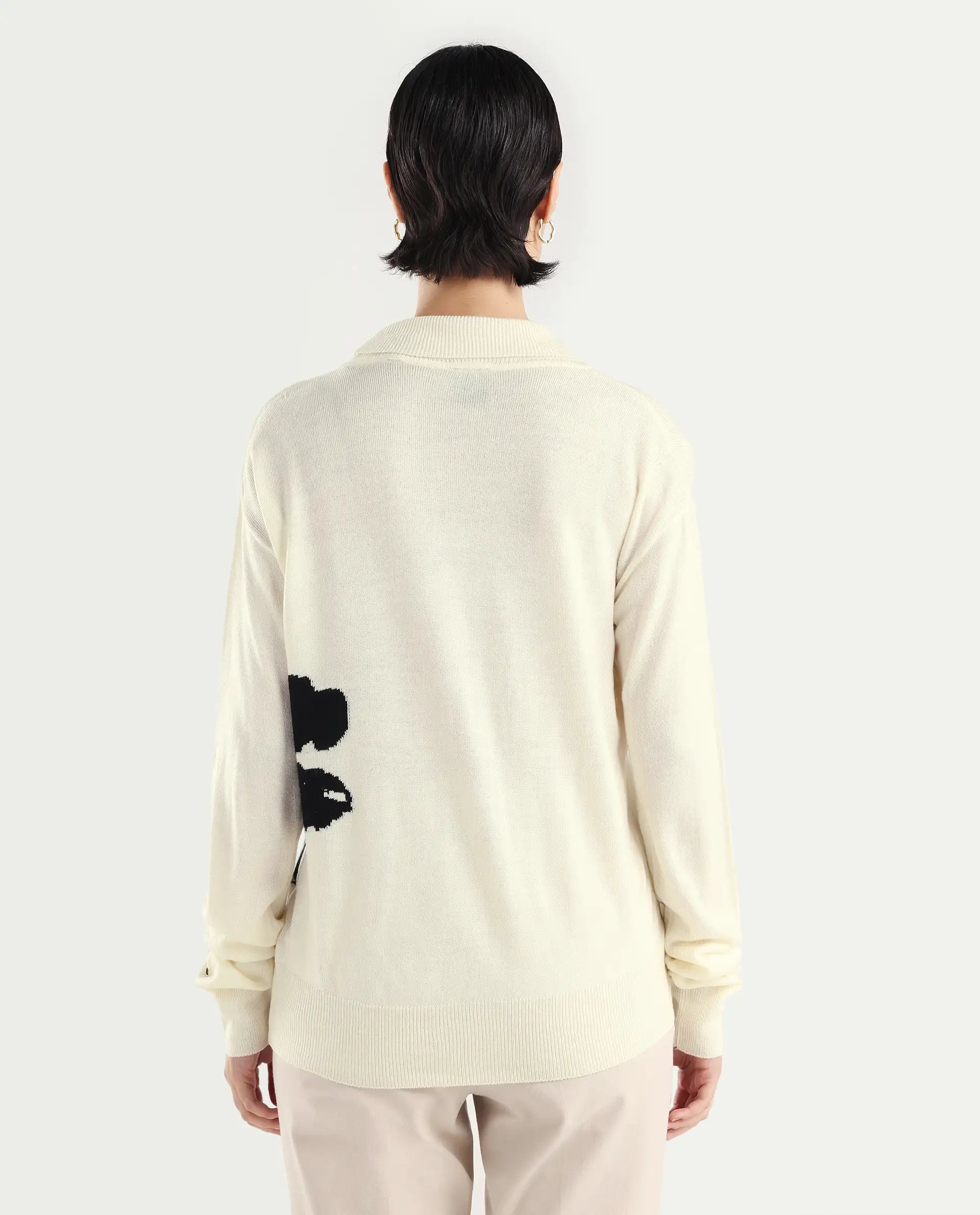 Rareism Women's Priana Off White Acrylic Turtle Neck Floral Print Relaxed Fit Sweater