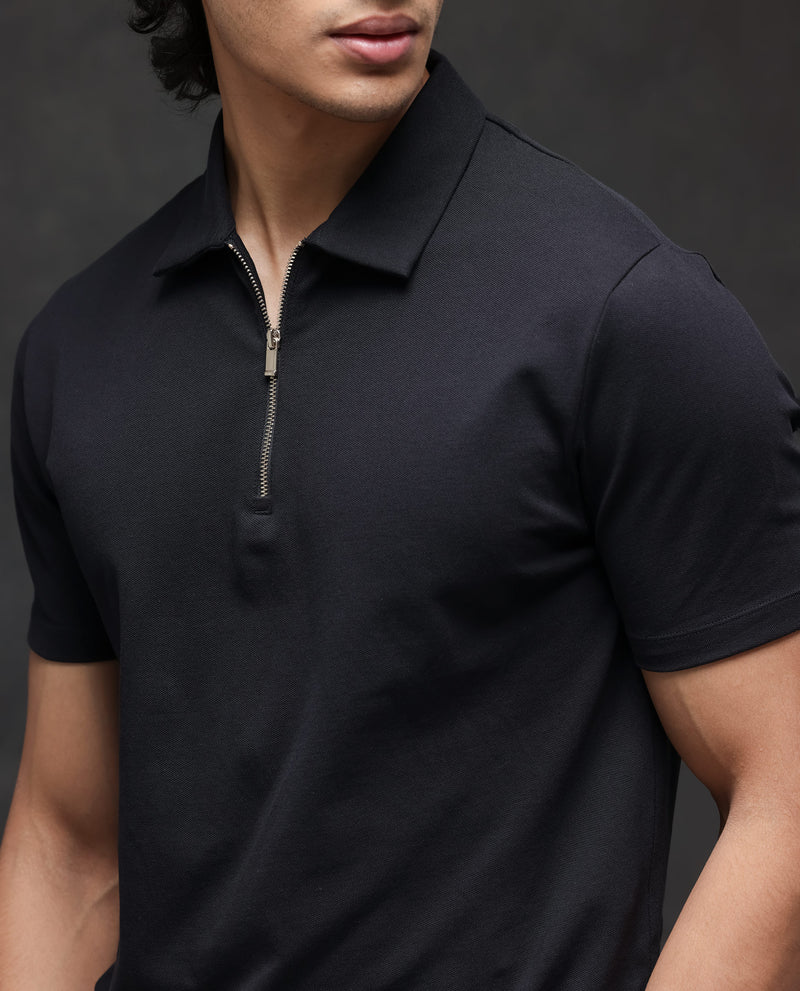 Rare Rabbit Mens Prin-1 Black Cotton Fabric Collared Neck Zipper Closure Half Sleeves Polo T-Shirt