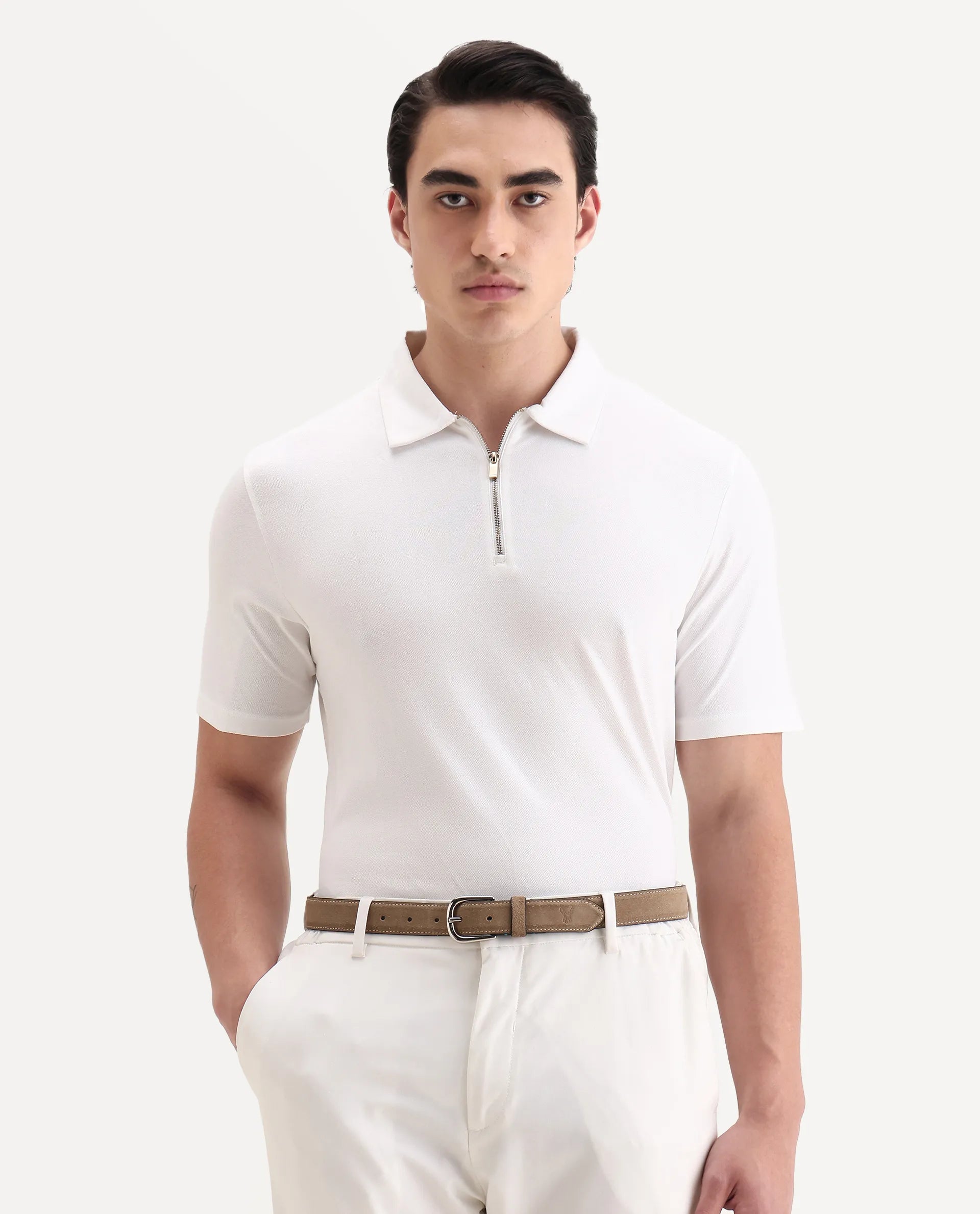 Rare Rabbit Men's Guild Casual Prin 1 White Cotton Blend Plain Regular Fit Half Sleeve Polo