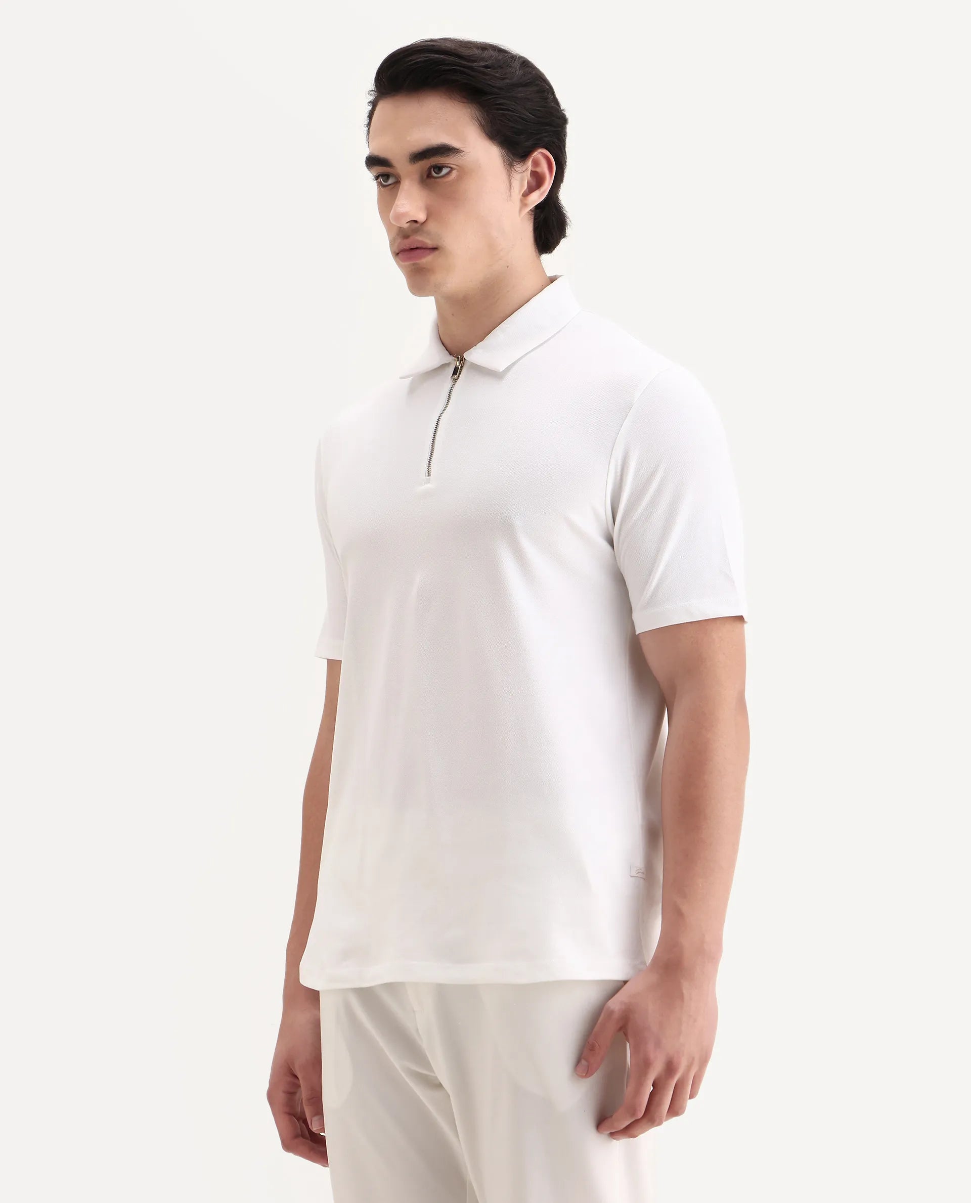 Rare Rabbit Men's Guild Casual Prin 1 White Cotton Blend Plain Regular Fit Half Sleeve Polo