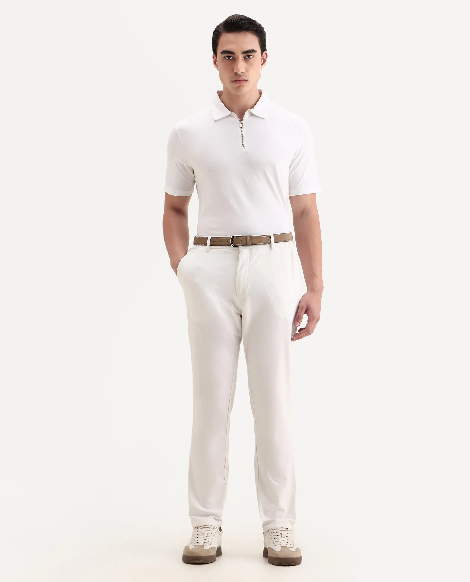 Rare Rabbit Men's Guild Casual Prin 1 White Cotton Blend Plain Regular Fit Half Sleeve Polo