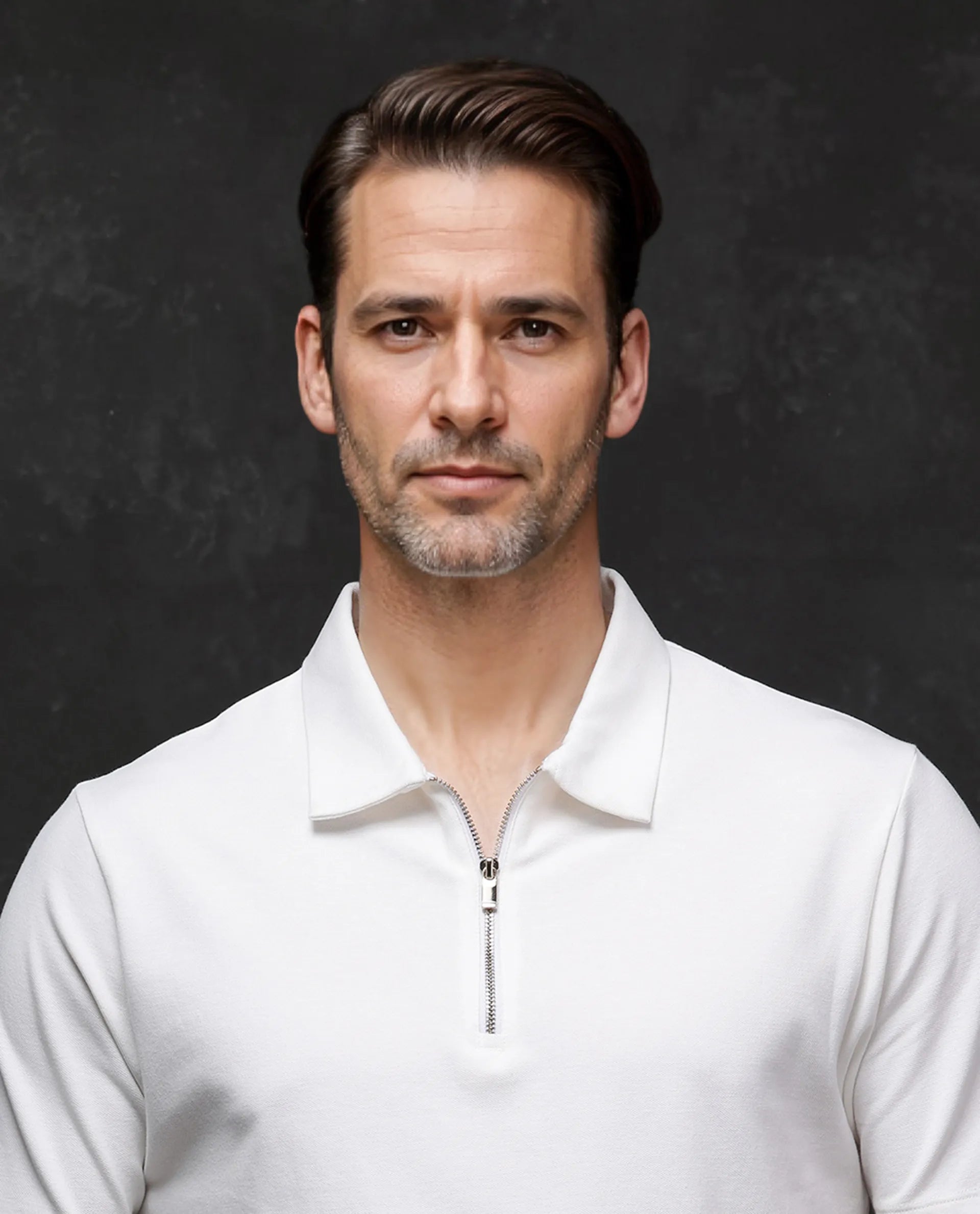 Rare Rabbit Men's Prin-2 White Cotton Lycra Fabric Short Sleeve Collared Neck Zipper Closure Plain Polo