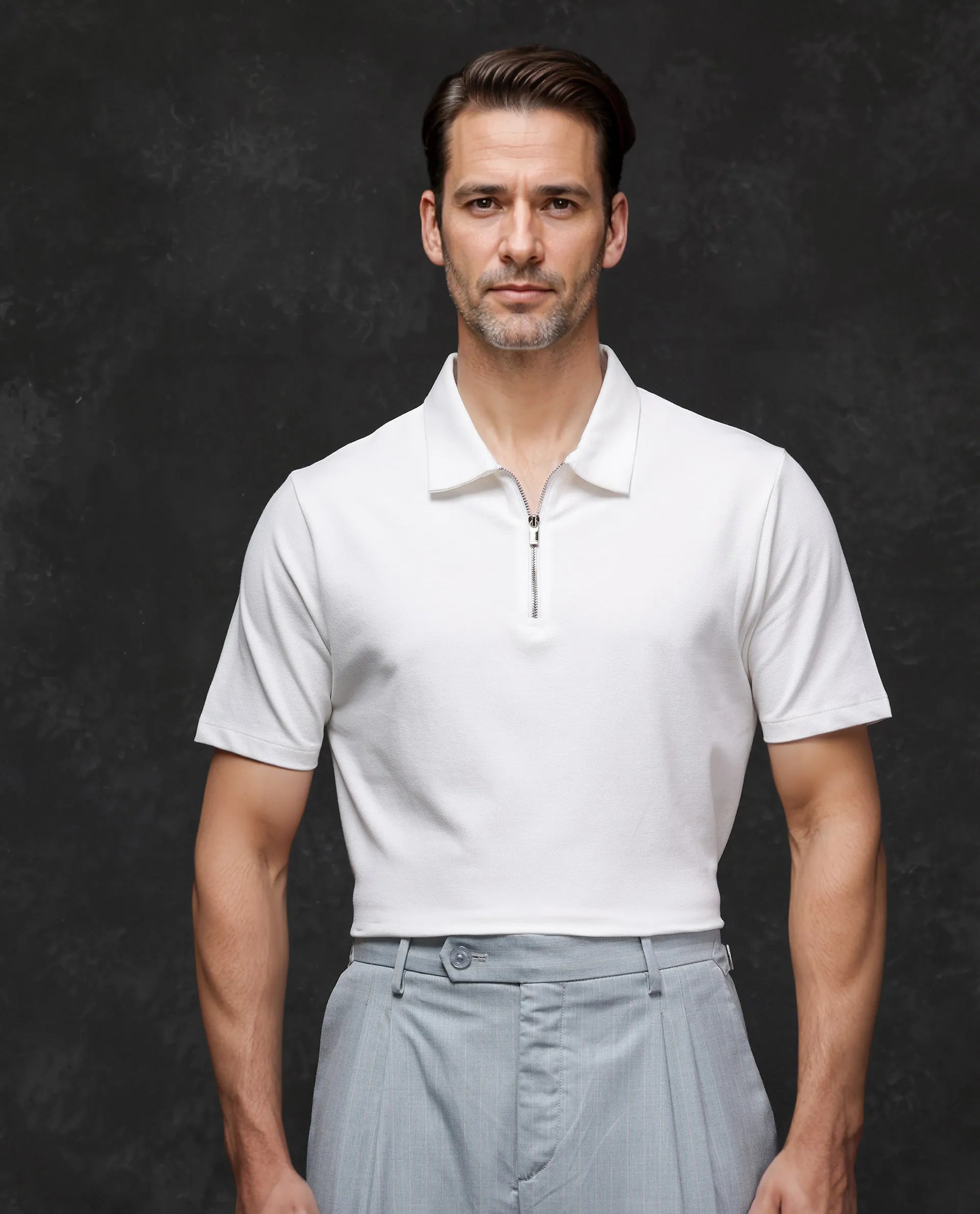 Rare Rabbit Men's Prin-2 White Cotton Lycra Fabric Short Sleeve Collared Neck Zipper Closure Plain Polo