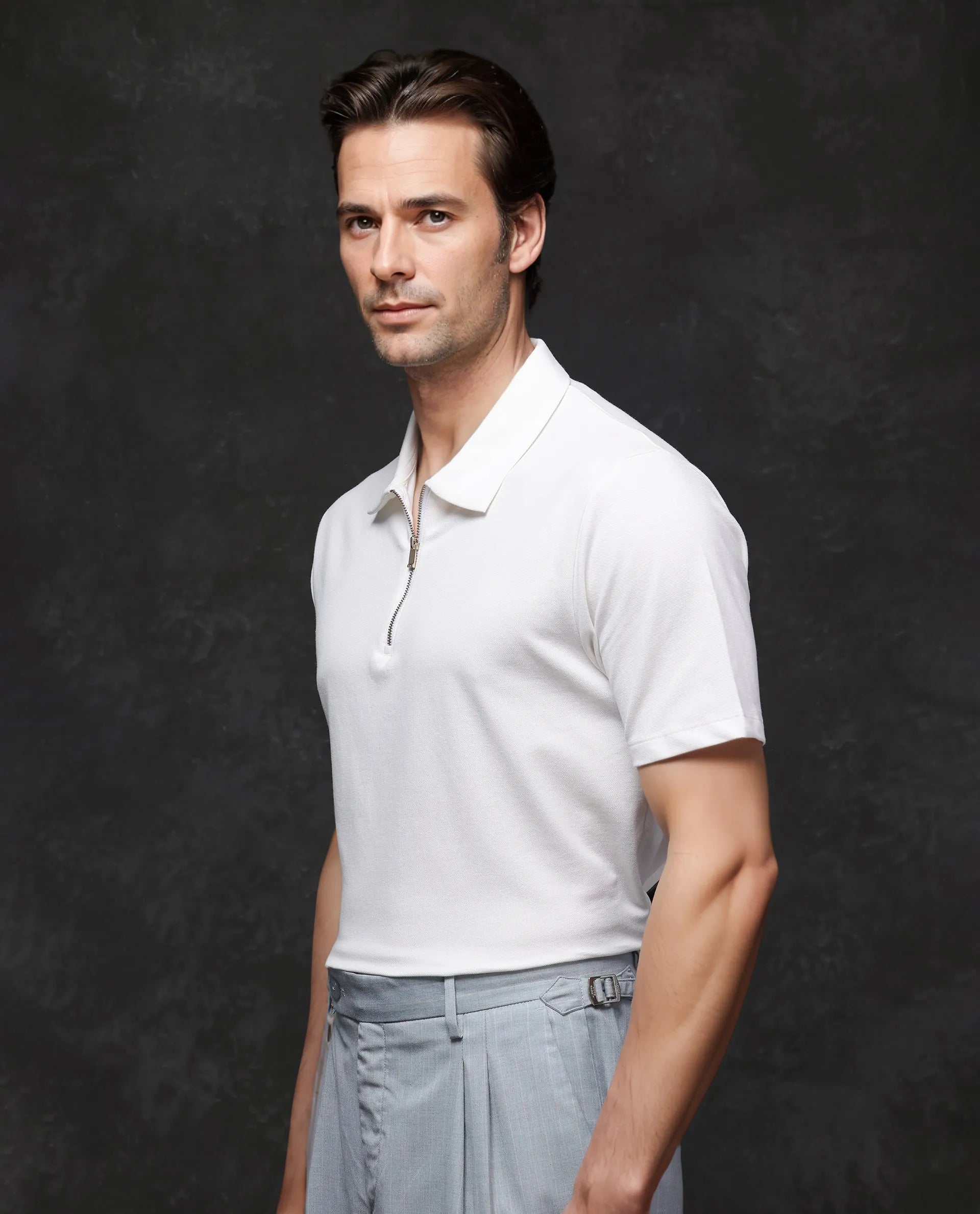 Rare Rabbit Men's Prin-2 White Cotton Lycra Fabric Short Sleeve Collared Neck Zipper Closure Plain Polo