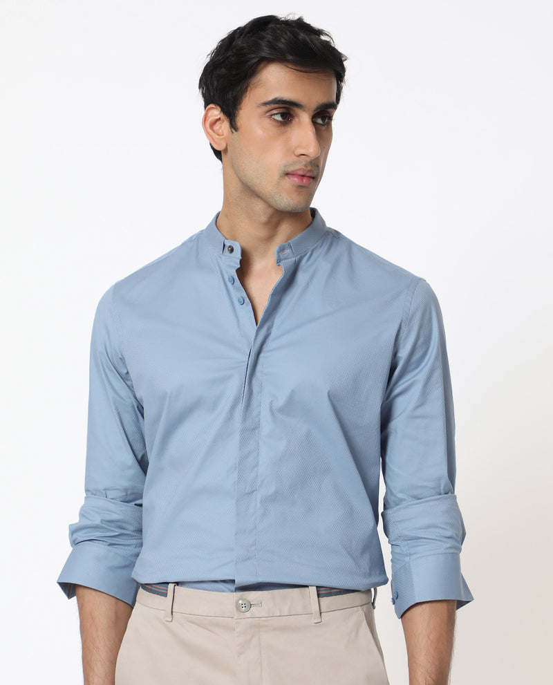 Rare Rabbit Men's Pristina Dusky Blue Cotton Fabric Mandarin Collar Full Sleeves Solid Shirt