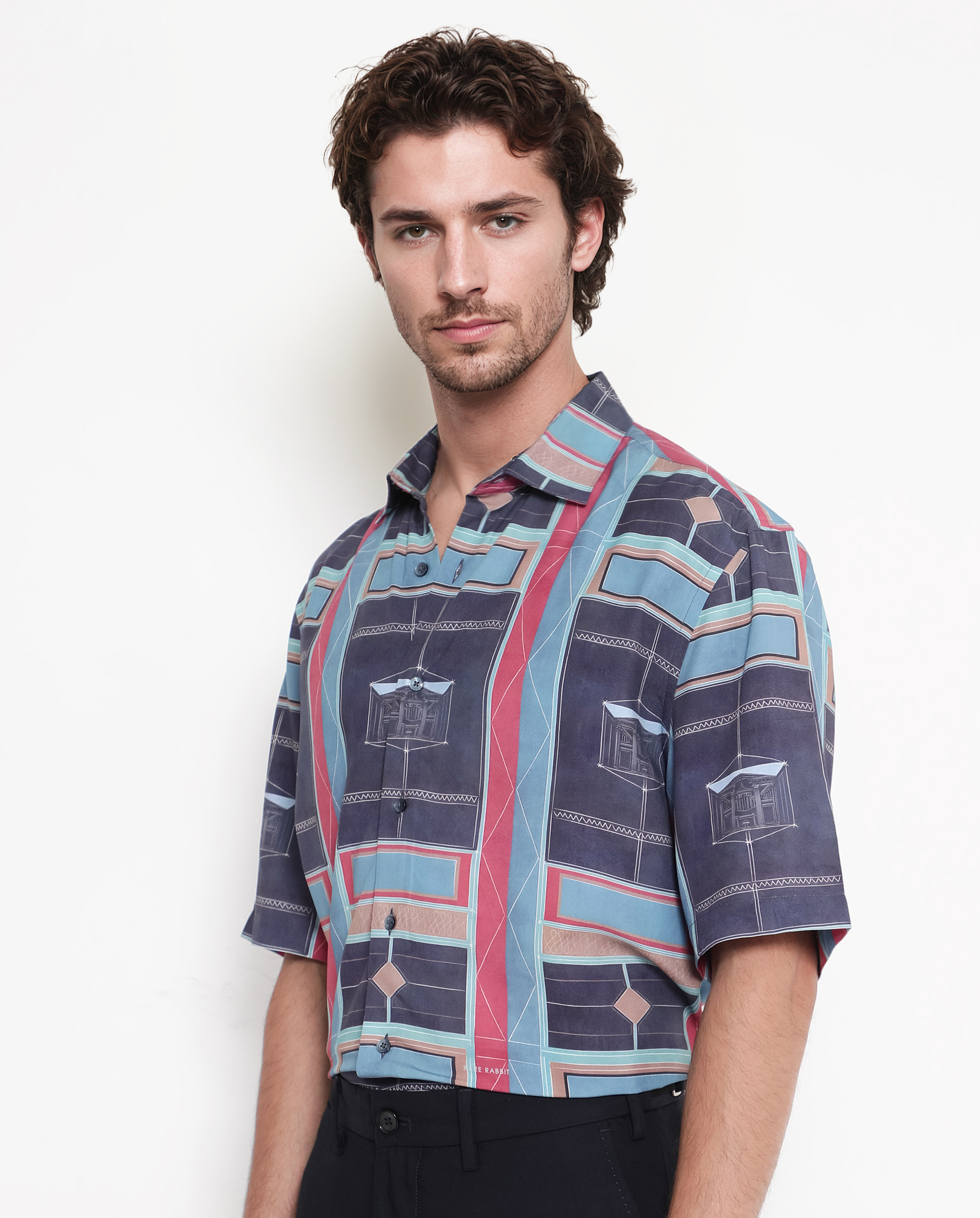 Rare Rabbit Men's Pristom Dark Blue Viscose Fabric Short Sleeve Regular Fit Geometric Print Shirt