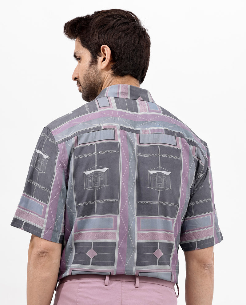Rare Rabbit Men's Pristom Grey Viscose Fabric Short Sleeve Regular Fit Geometric Print Shirt
