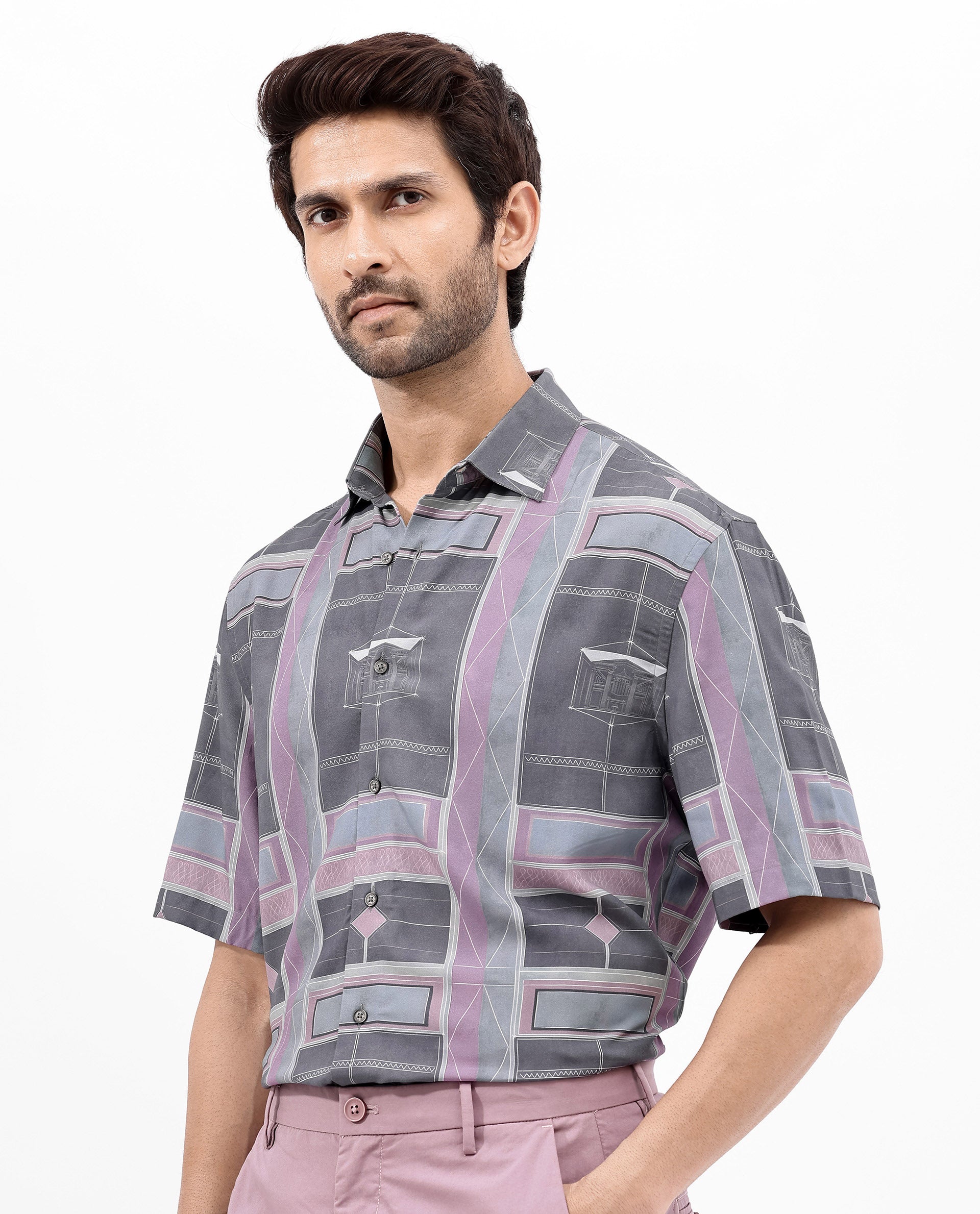 Rare Rabbit Men's Pristom Grey Viscose Fabric Short Sleeve Regular Fit Geometric Print Shirt