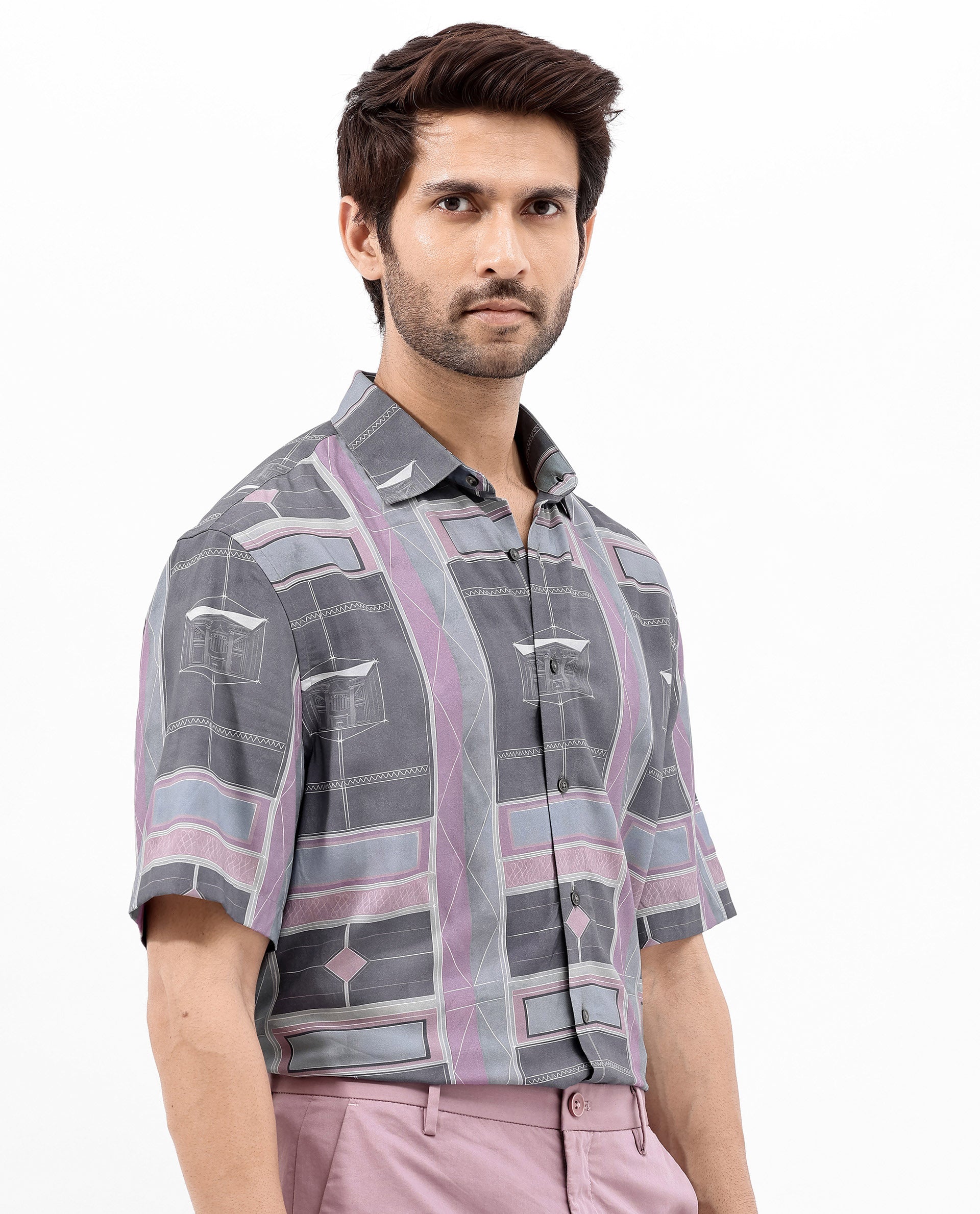 Rare Rabbit Men's Pristom Grey Viscose Fabric Short Sleeve Regular Fit Geometric Print Shirt
