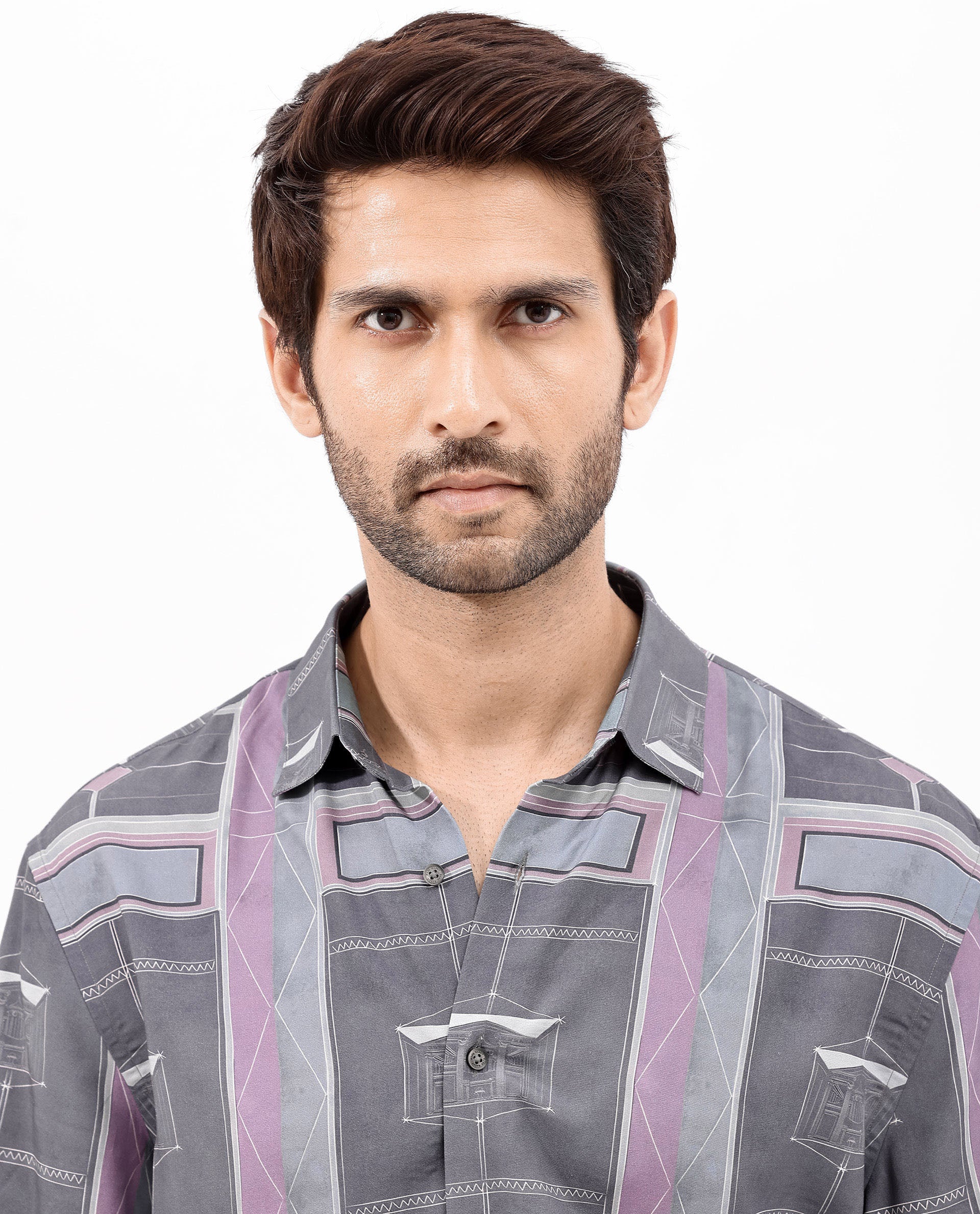 Rare Rabbit Men's Pristom Grey Viscose Fabric Short Sleeve Regular Fit Geometric Print Shirt