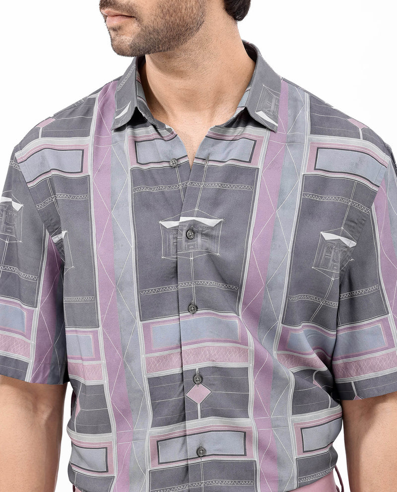 Rare Rabbit Men's Pristom Grey Viscose Fabric Short Sleeve Regular Fit Geometric Print Shirt