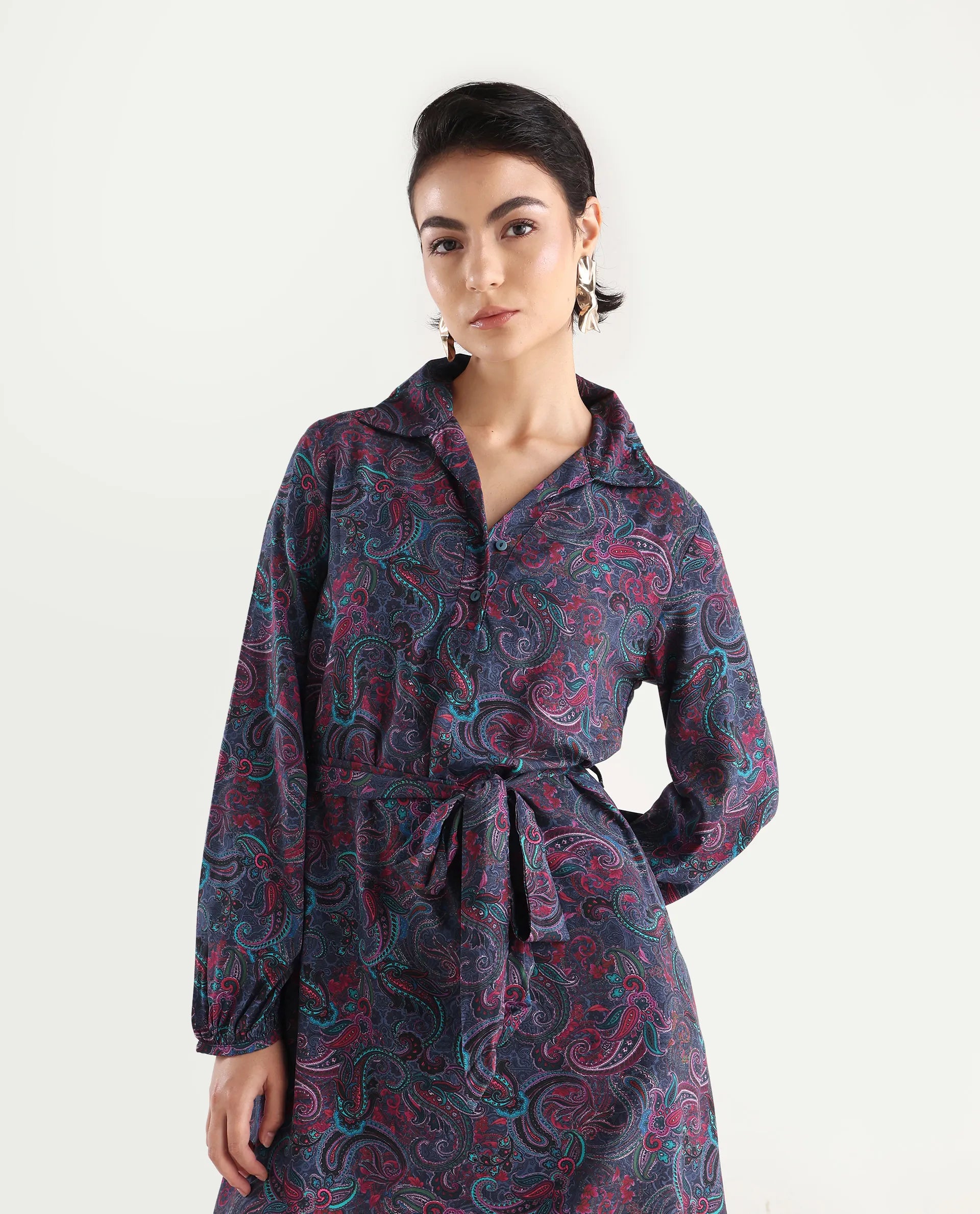 Rareism Women's Pronat Multi Viscose Drop Collar Paisley Print Bishop Sleeve Mini Fit And Flare Dress