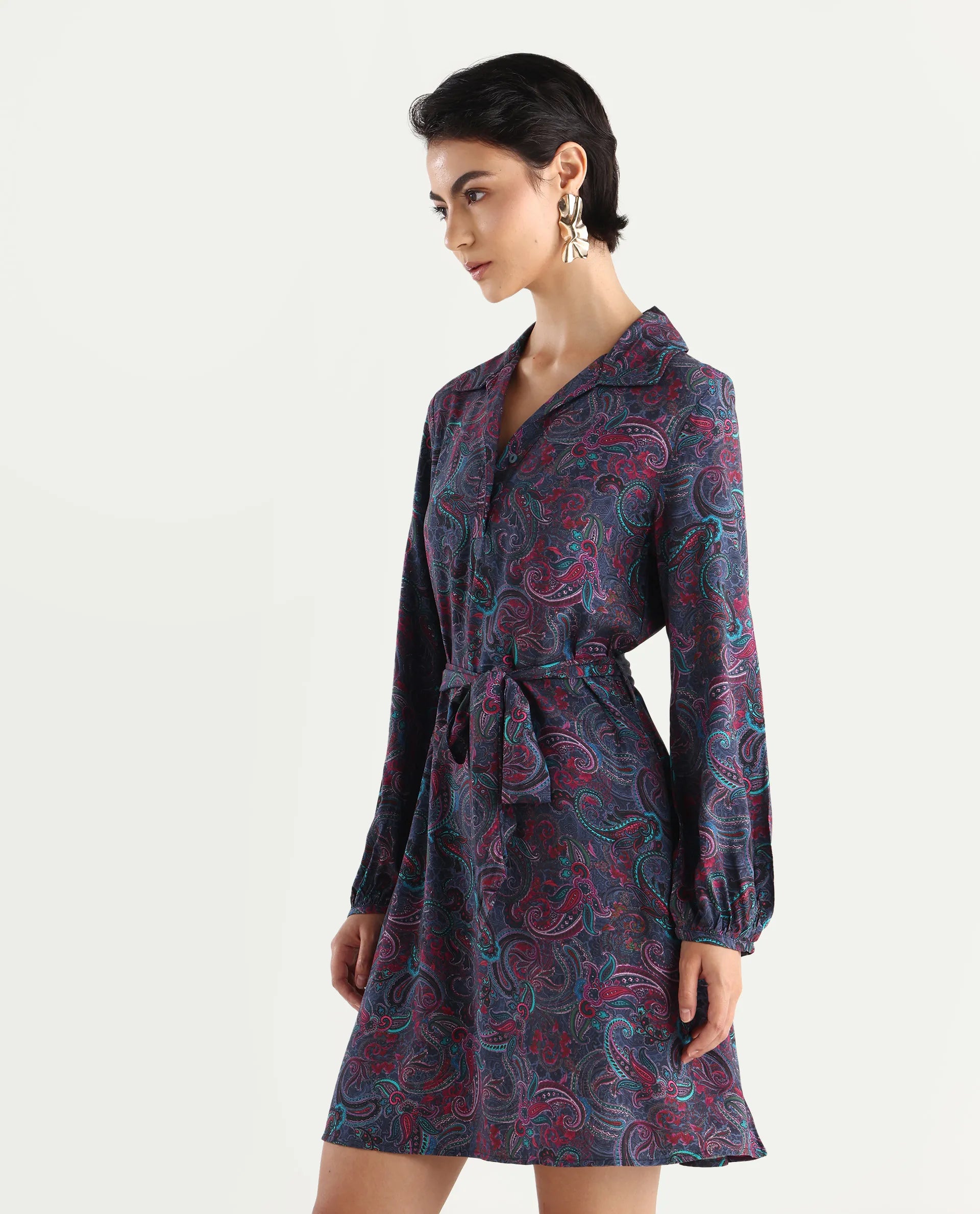 Rareism Women's Pronat Multi Viscose Drop Collar Paisley Print Bishop Sleeve Mini Fit And Flare Dress
