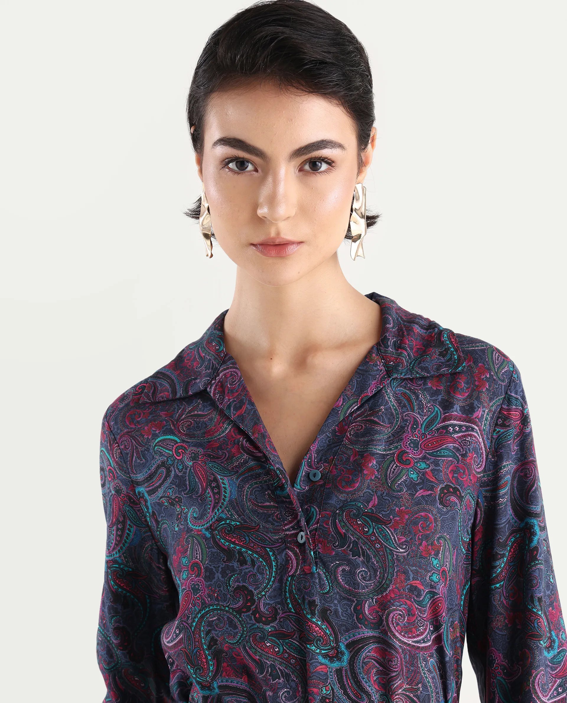 Rareism Women's Pronat Multi Viscose Drop Collar Paisley Print Bishop Sleeve Mini Fit And Flare Dress