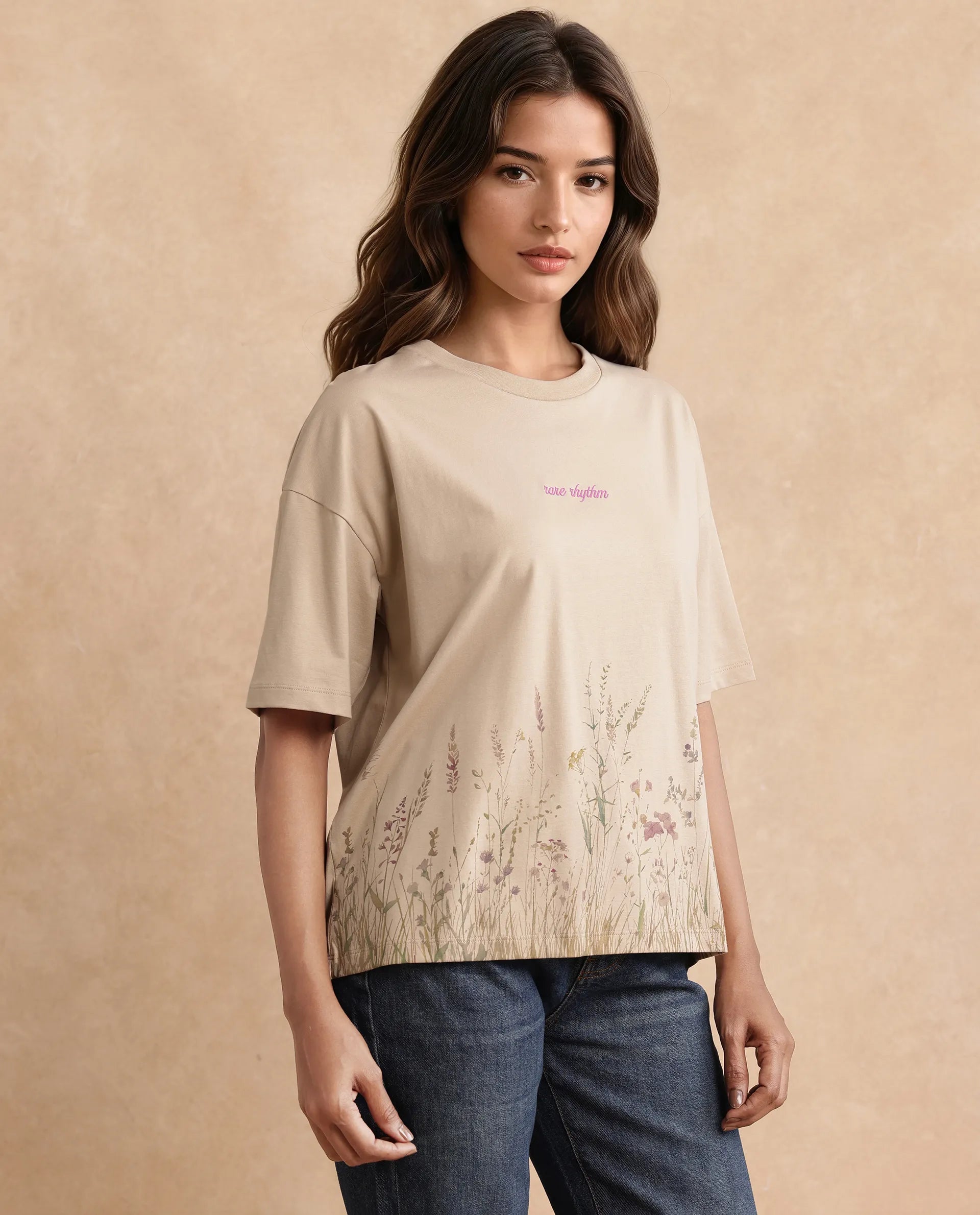 Rareism Women's Pront Beige Cotton Blend Crew Neck Floral Print Boxy Fit T-Shirt