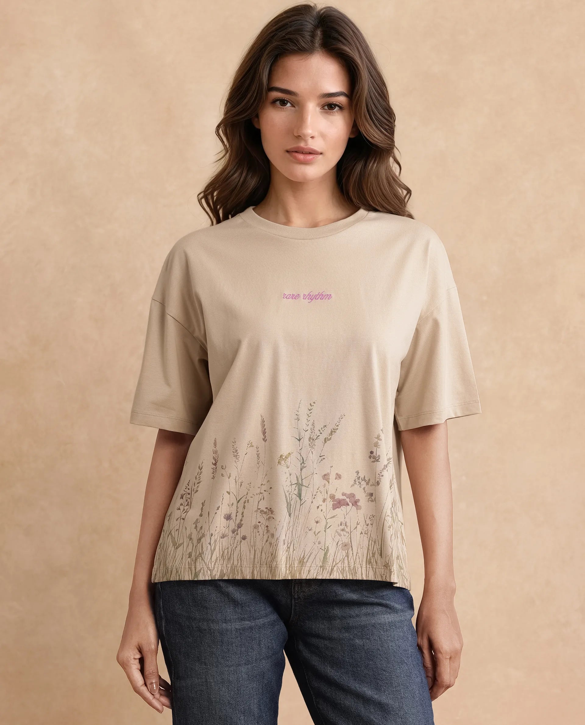 Rareism Women's Pront Beige Cotton Blend Crew Neck Floral Print Boxy Fit T-Shirt