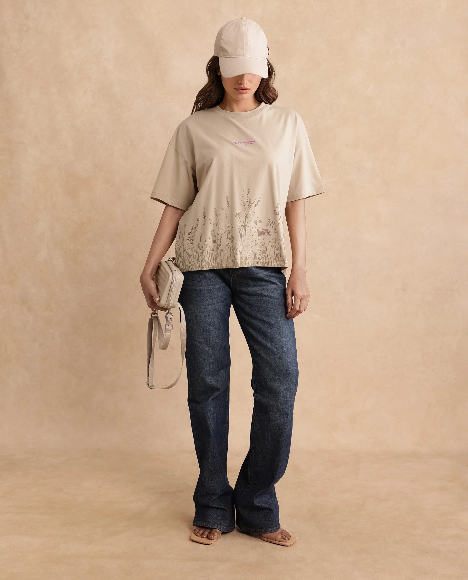 Rareism Women's Pront Beige Cotton Blend Crew Neck Floral Print Boxy Fit T-Shirt