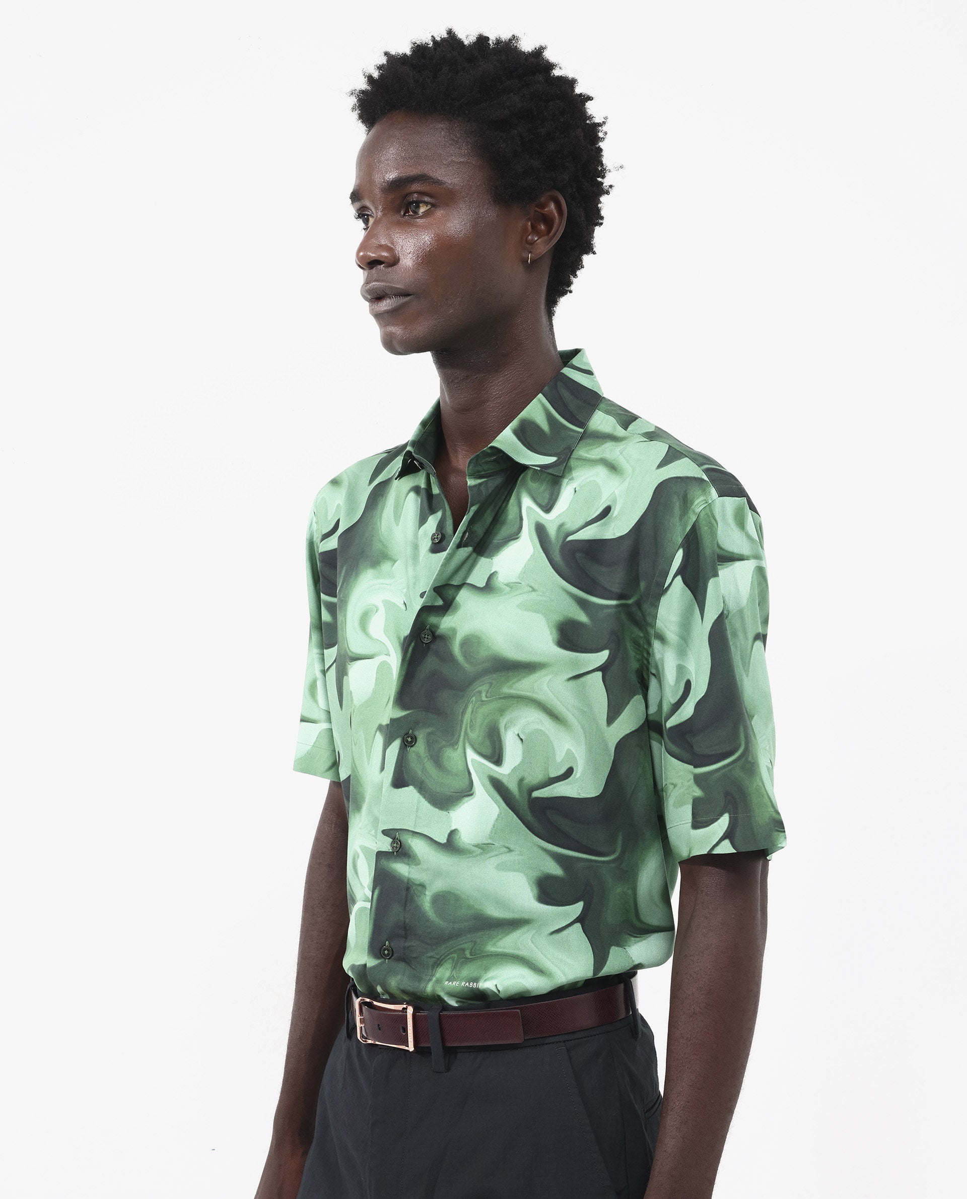 Rare Rabbit Men's Propus Pastel Green Viscose Fabric Short Sleeve Boxy Fit Abstract Print Shirt