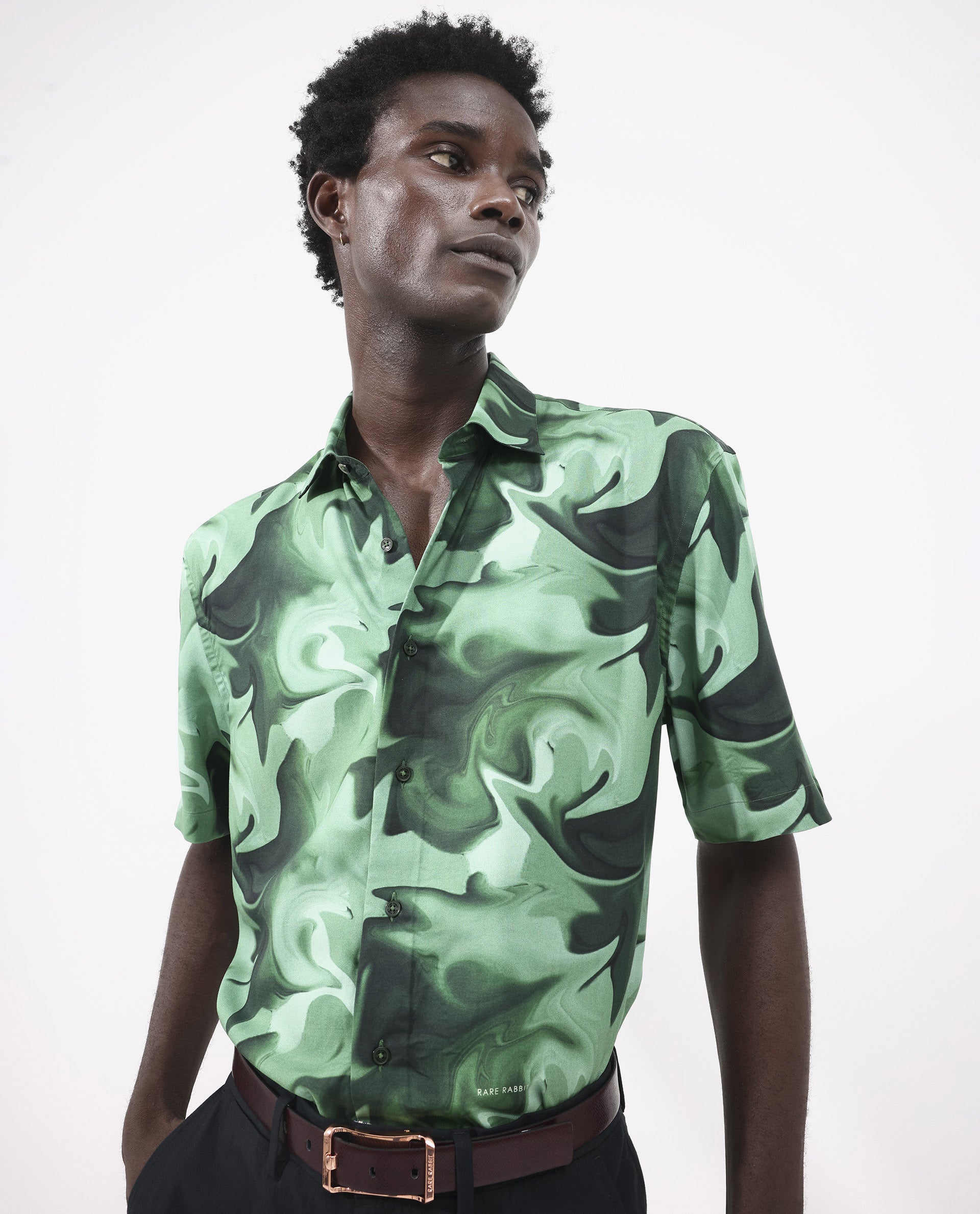 Rare Rabbit Men's Propus Pastel Green Viscose Fabric Short Sleeve Boxy Fit Abstract Print Shirt