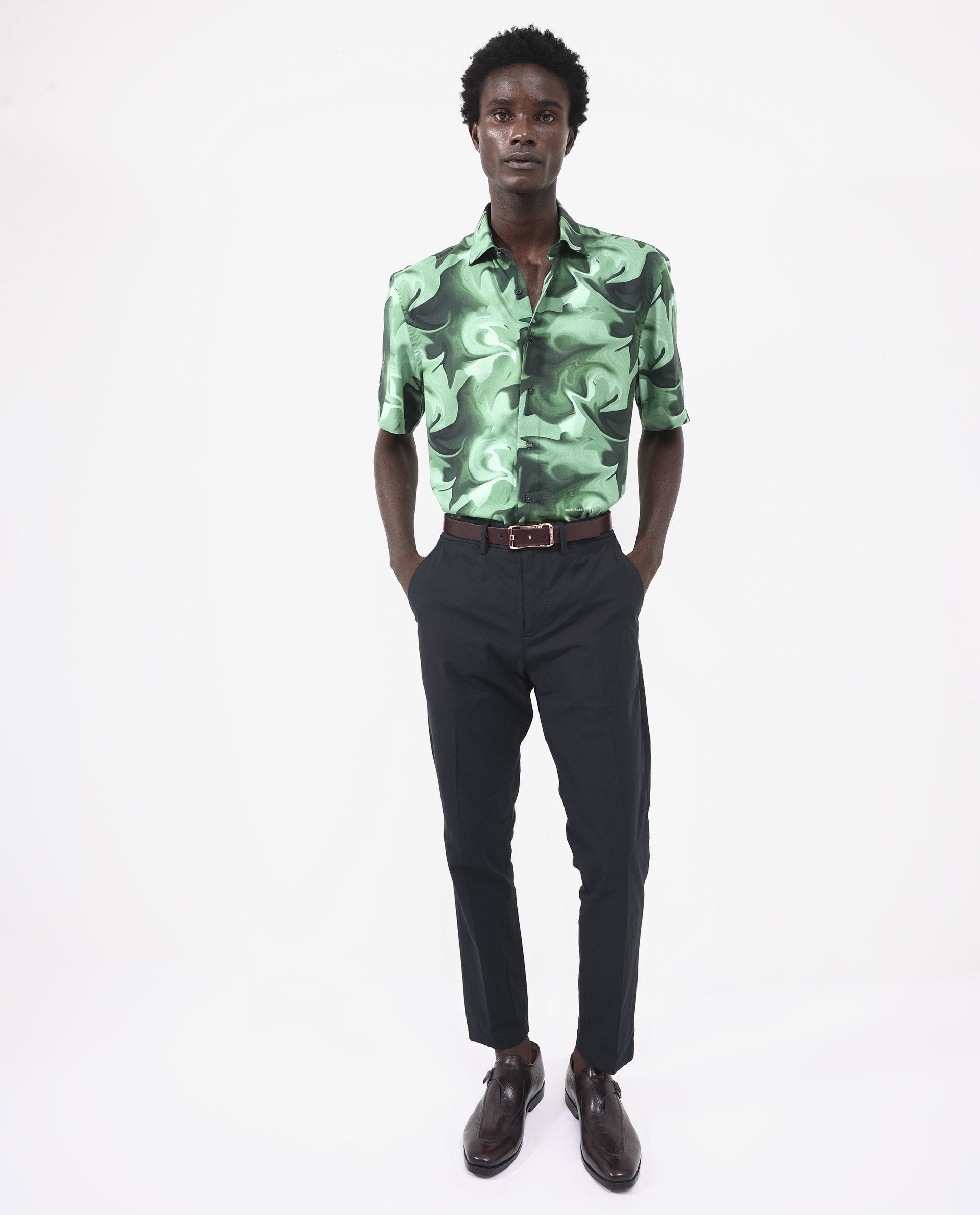 Rare Rabbit Men's Propus Pastel Green Viscose Fabric Short Sleeve Boxy Fit Abstract Print Shirt