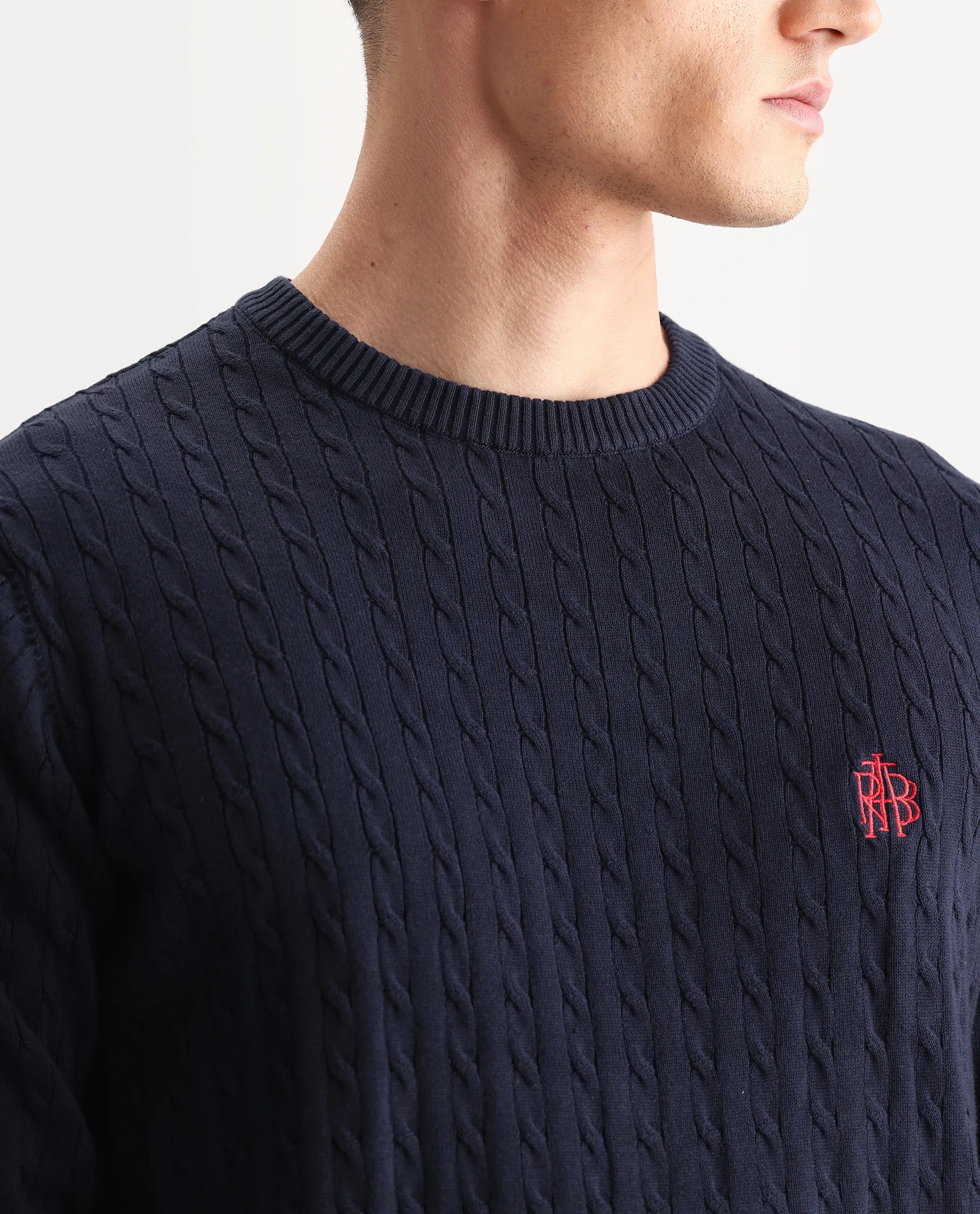 Rare Rabbit Men's Prota Navy Cotton Plain Regular Fit Full Sleeve Crew Neck Sweater