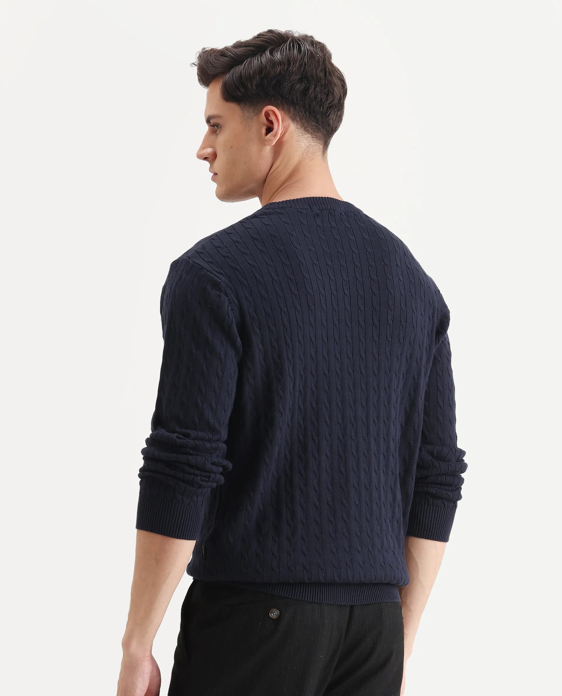 Rare Rabbit Men's Prota Navy Cotton Plain Regular Fit Full Sleeve Crew Neck Sweater