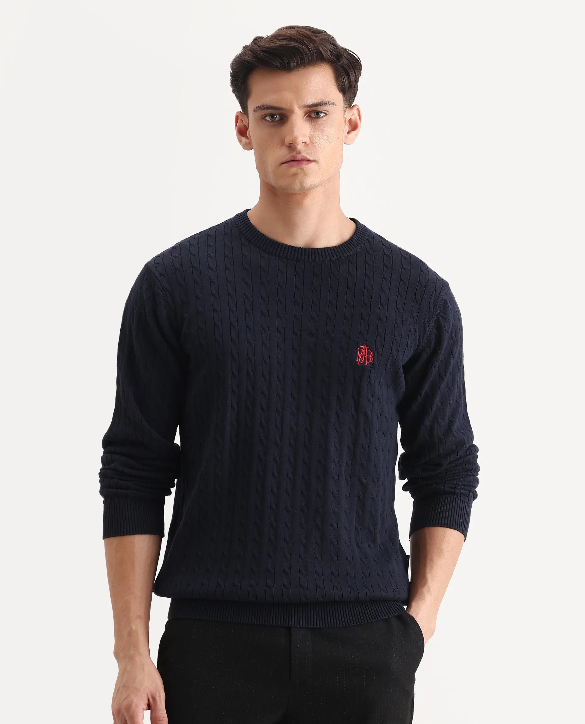 Rare Rabbit Men's Prota Navy Cotton Plain Regular Fit Full Sleeve Crew Neck Sweater