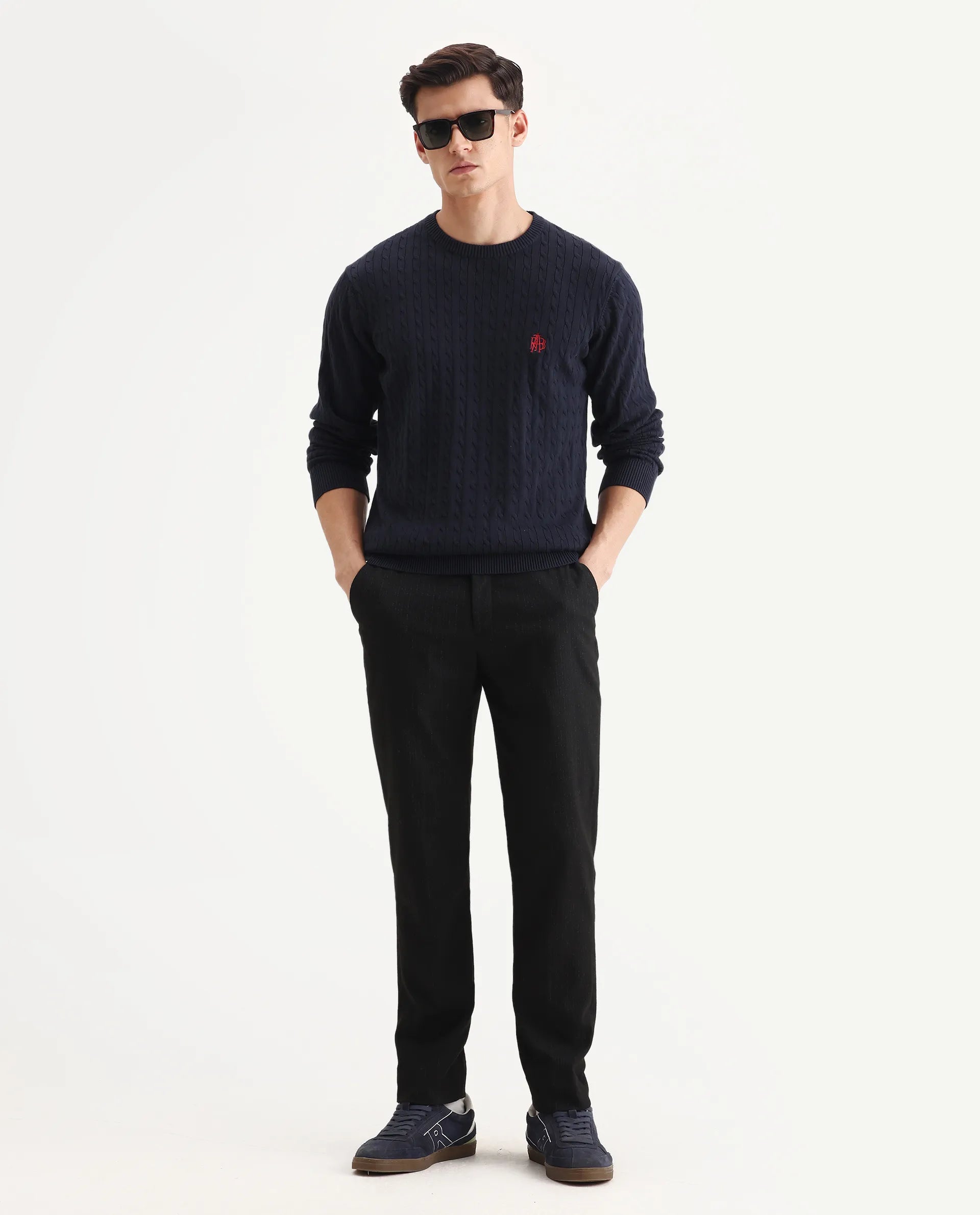 Rare Rabbit Men's Prota Navy Cotton Plain Regular Fit Full Sleeve Crew Neck Sweater