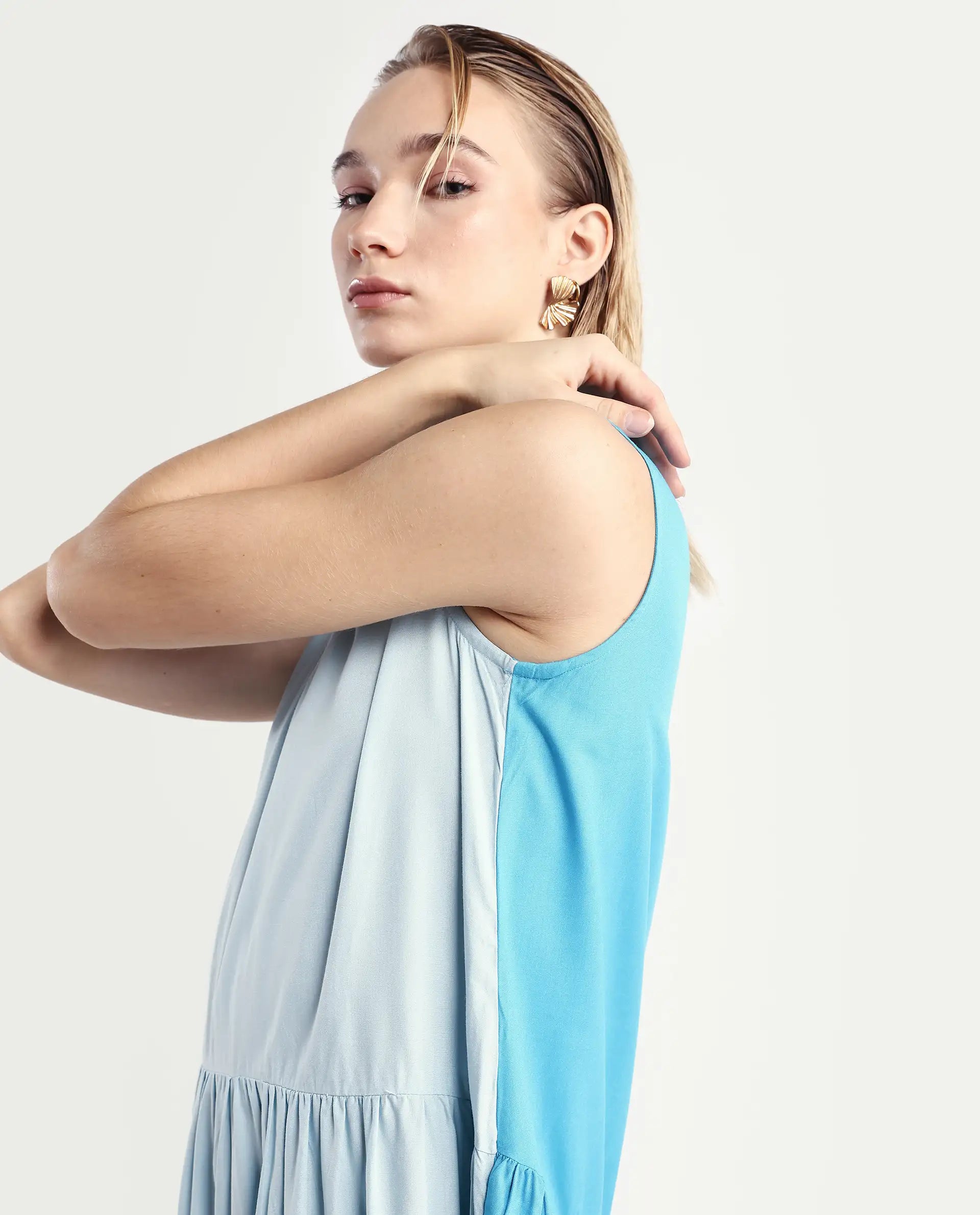 Rareism Women's Provoke Blue Cotton High Neck Color Block Sleeveless Knee Length Regular Fit Dress