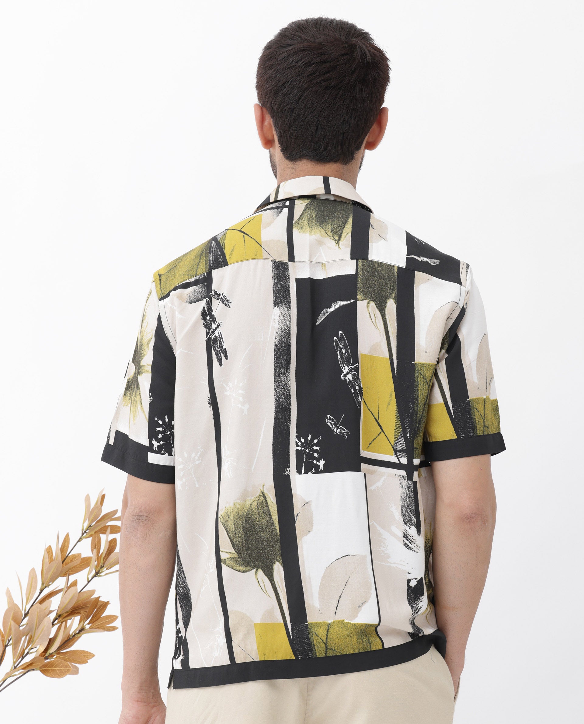 Rare Rabbit Mens Prunos Beige Viscose Fabric Short Sleeve Cuban Collar Boxy Fit Abstract Floral Print Shirt