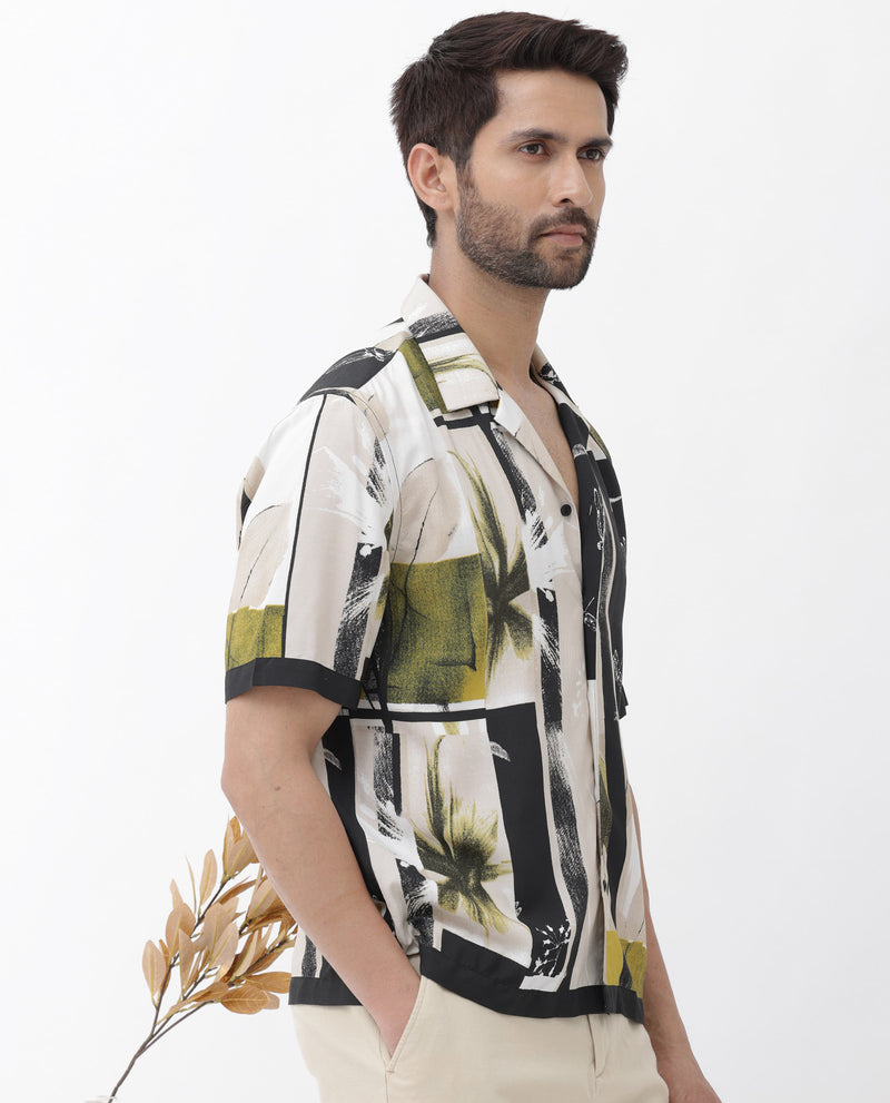 Rare Rabbit Mens Prunos Beige Viscose Fabric Short Sleeve Cuban Collar Abstract Floral Print Shirt