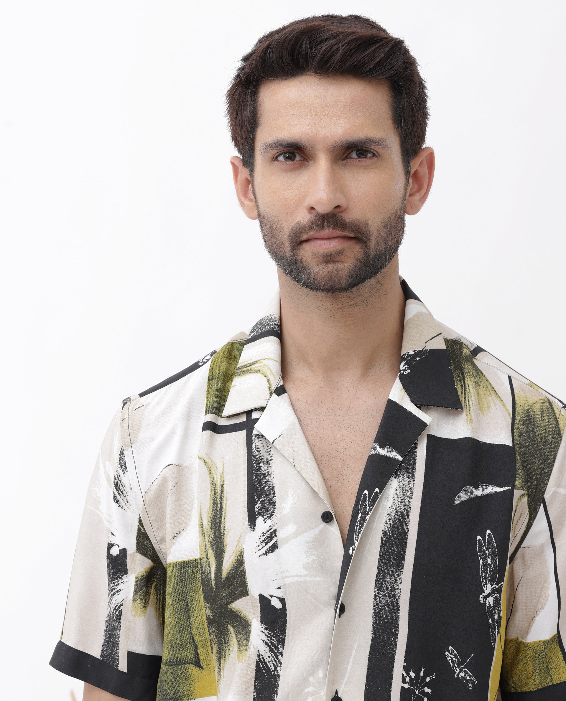 Rare Rabbit Mens Prunos Beige Viscose Fabric Short Sleeve Cuban Collar Boxy Fit Abstract Floral Print Shirt