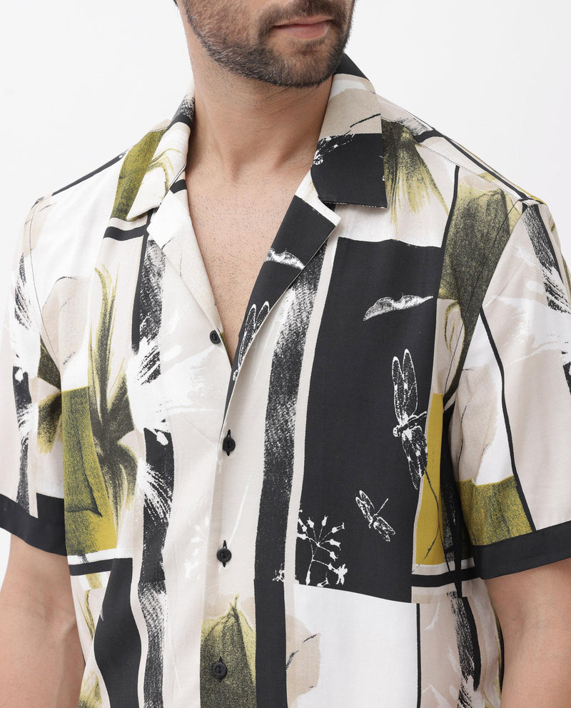 Rare Rabbit Mens Prunos Beige Viscose Fabric Short Sleeve Cuban Collar Boxy Fit Abstract Floral Print Shirt
