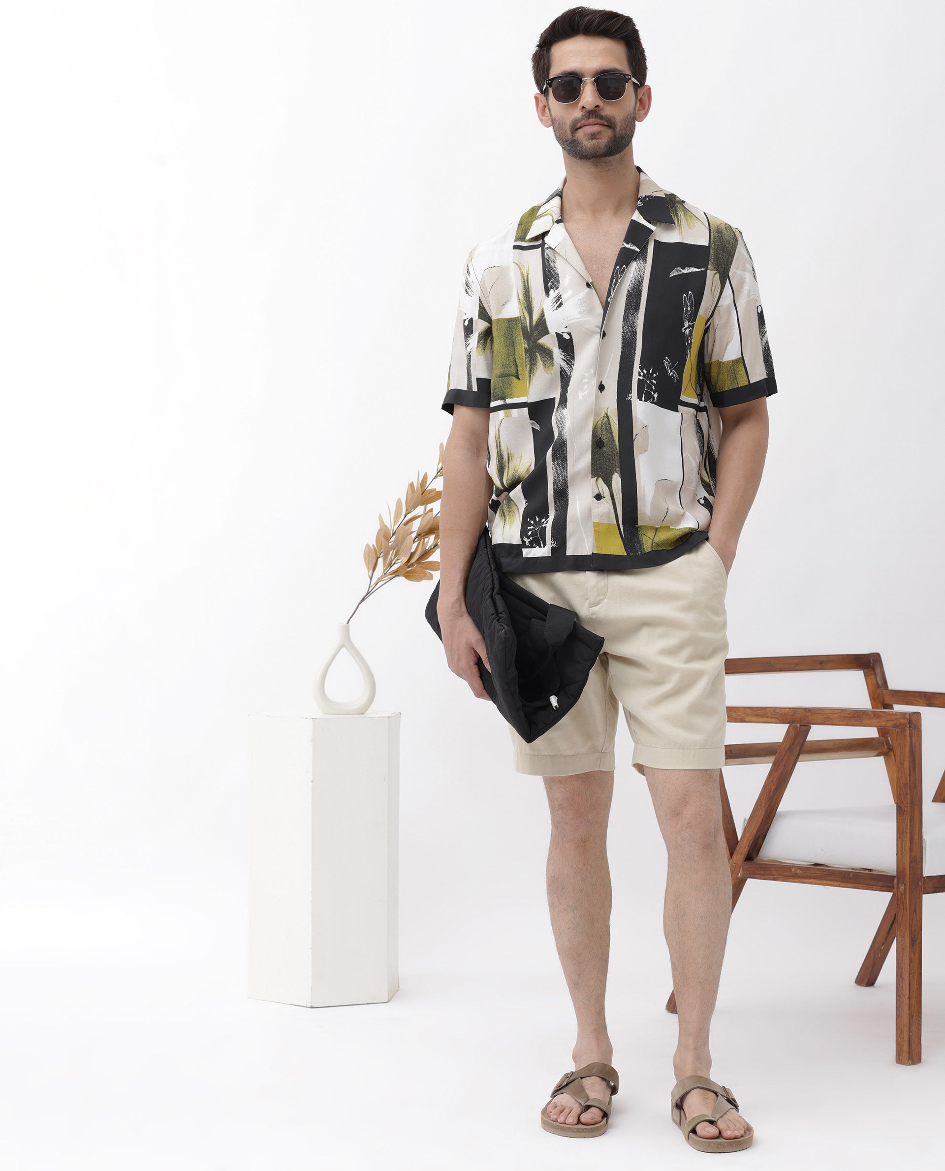 Rare Rabbit Mens Prunos Beige Viscose Fabric Short Sleeve Cuban Collar Boxy Fit Abstract Floral Print Shirt